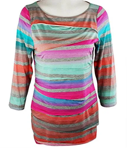 Boho Chic - Multi Stripes, Long Sleeve Scoop Neck Horizontal Layered Tunic Top