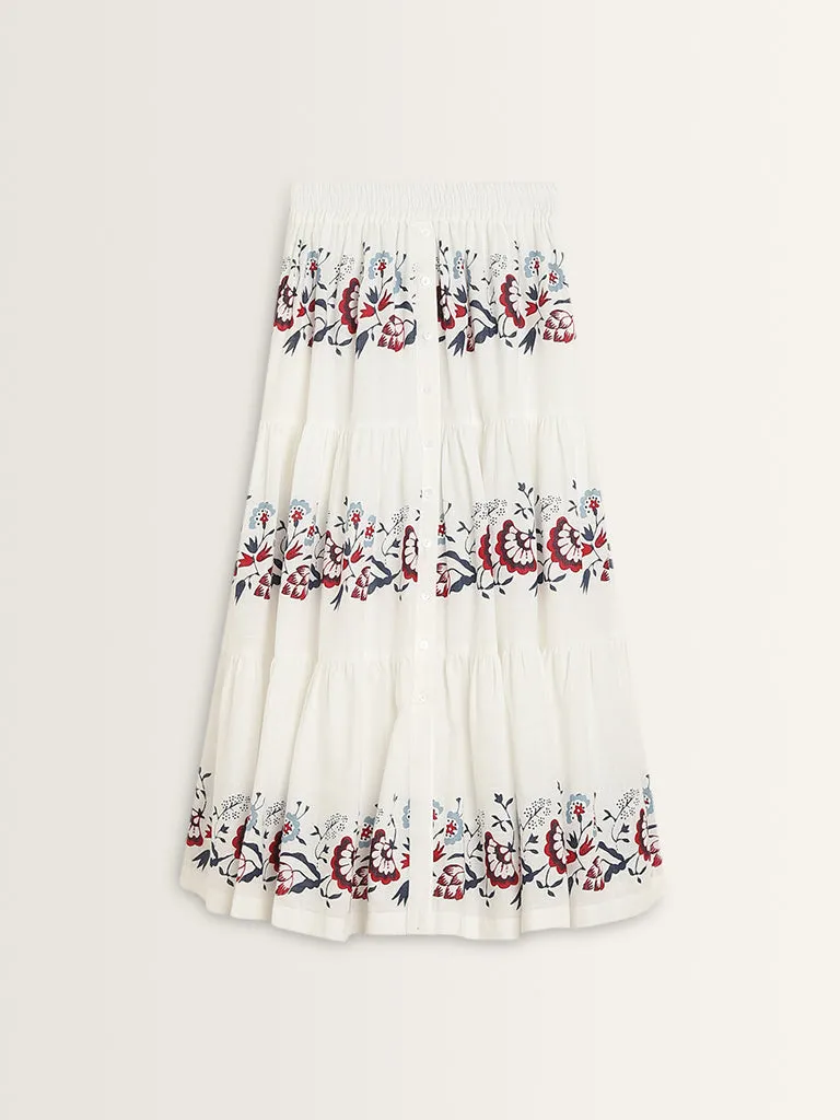 Bombay Paisley White Floral Printed Tiered Cotton Skirt