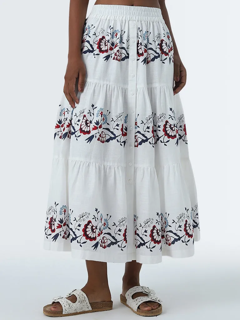 Bombay Paisley White Floral Printed Tiered Cotton Skirt