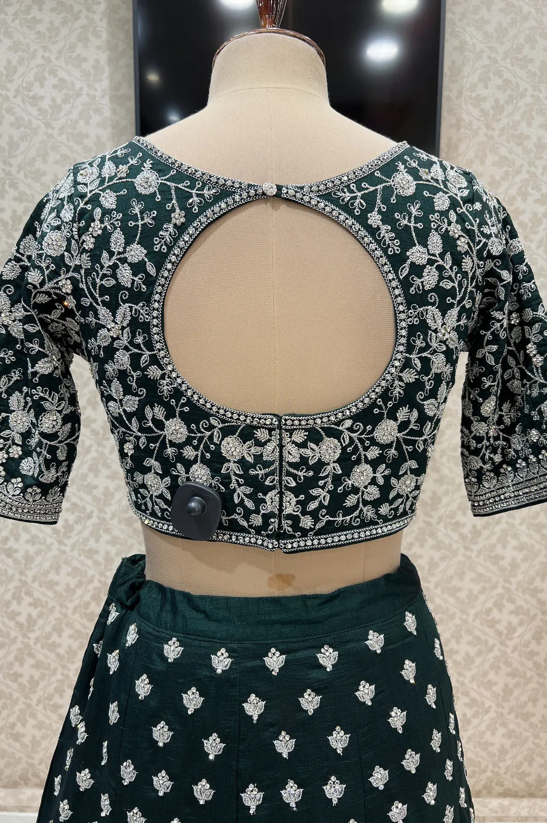 Bottle Green Zari Thread and Stone work Crop Top Lehenga