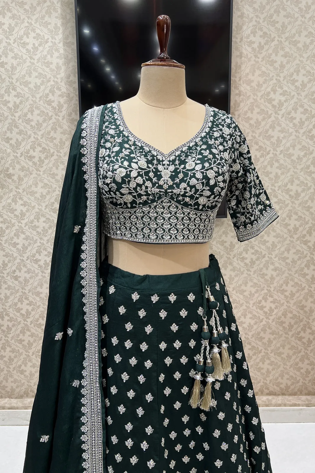 Bottle Green Zari Thread and Stone work Crop Top Lehenga