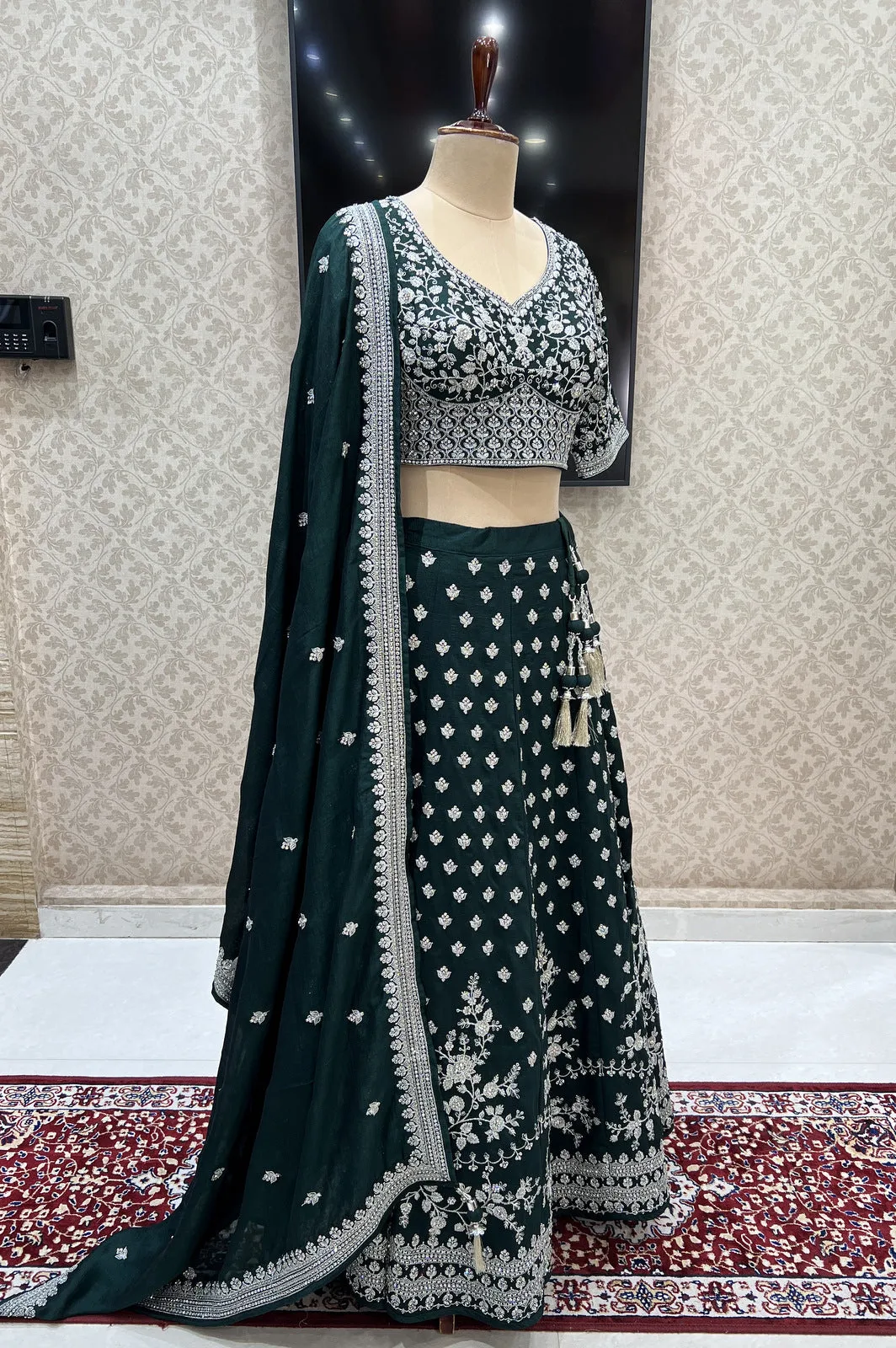 Bottle Green Zari Thread and Stone work Crop Top Lehenga