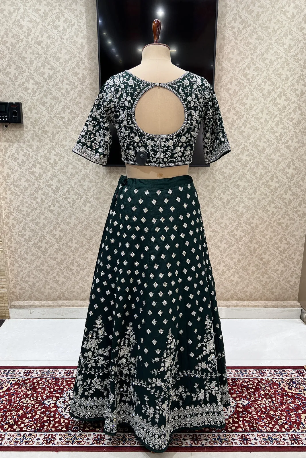 Bottle Green Zari Thread and Stone work Crop Top Lehenga