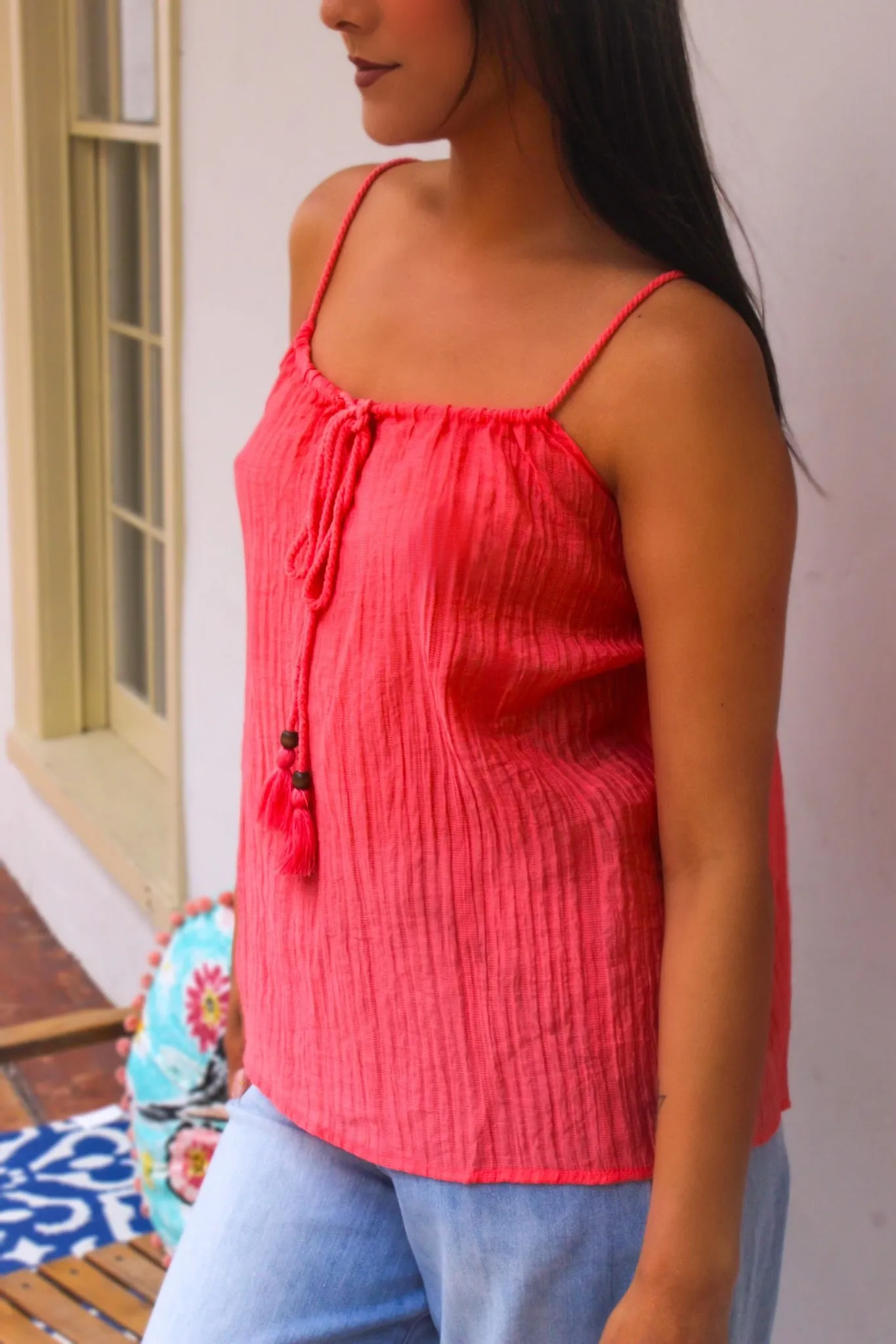 Bright Dreams Tank Top W/ Rope Tassel Ties-Coral