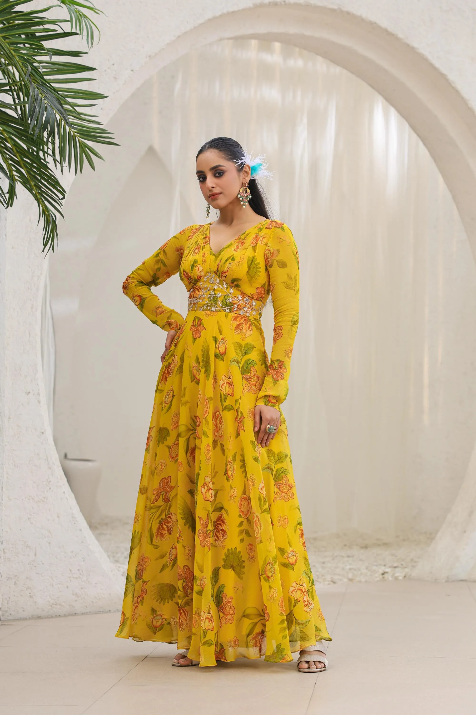 Bright Yellow Floral Printed Premium Organza Silk Gown