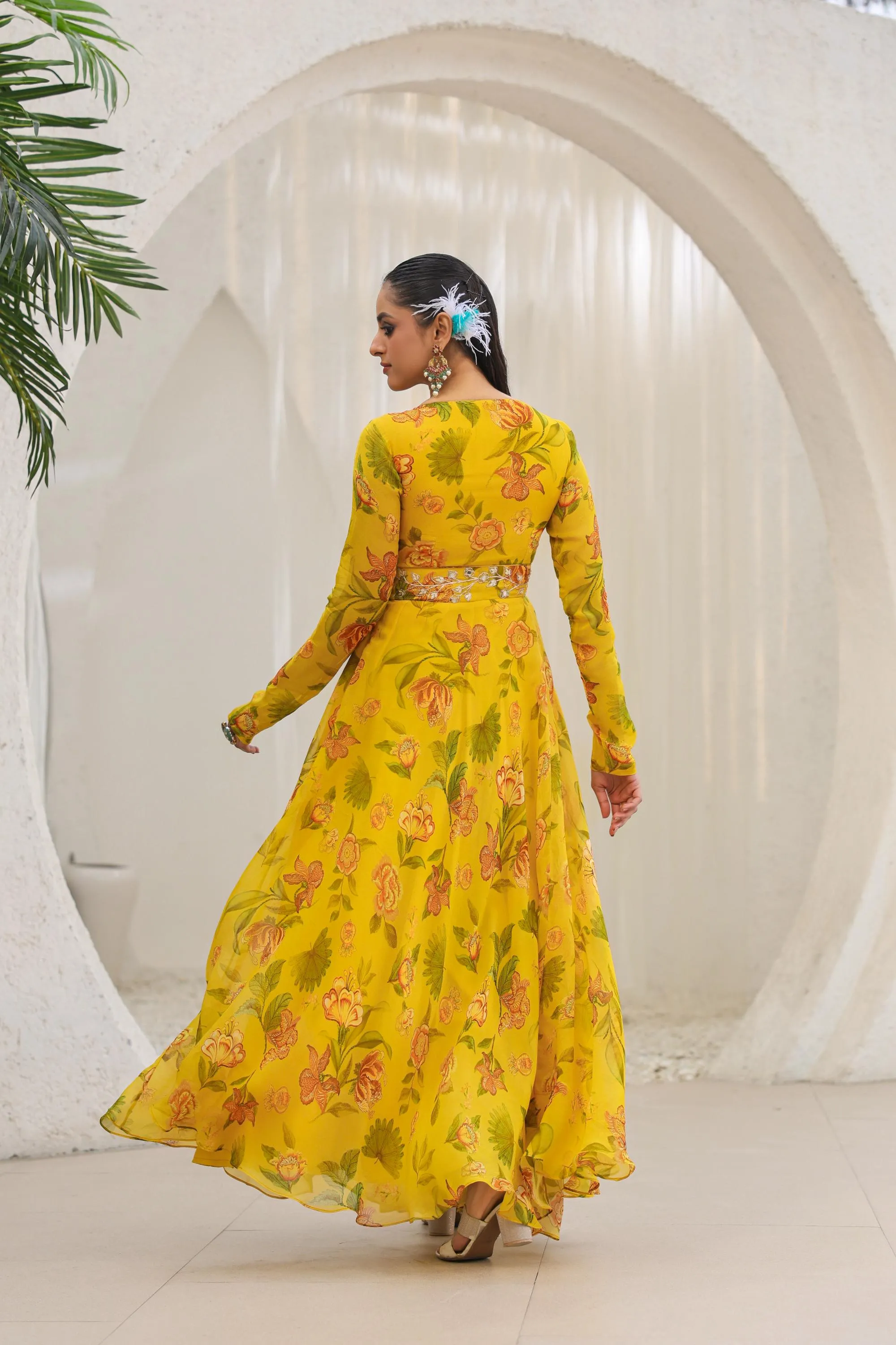 Bright Yellow Floral Printed Premium Organza Silk Gown