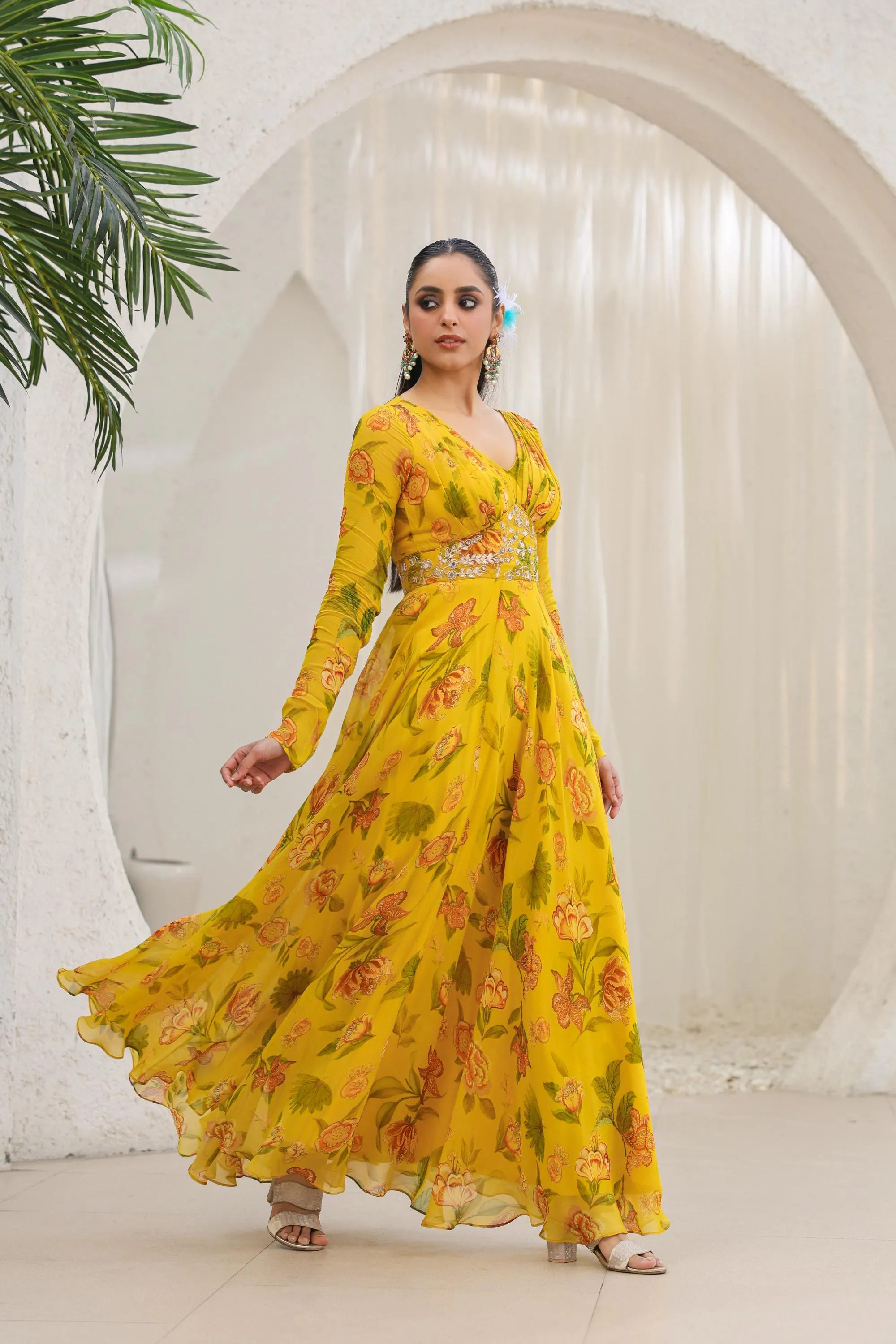 Bright Yellow Floral Printed Premium Organza Silk Gown