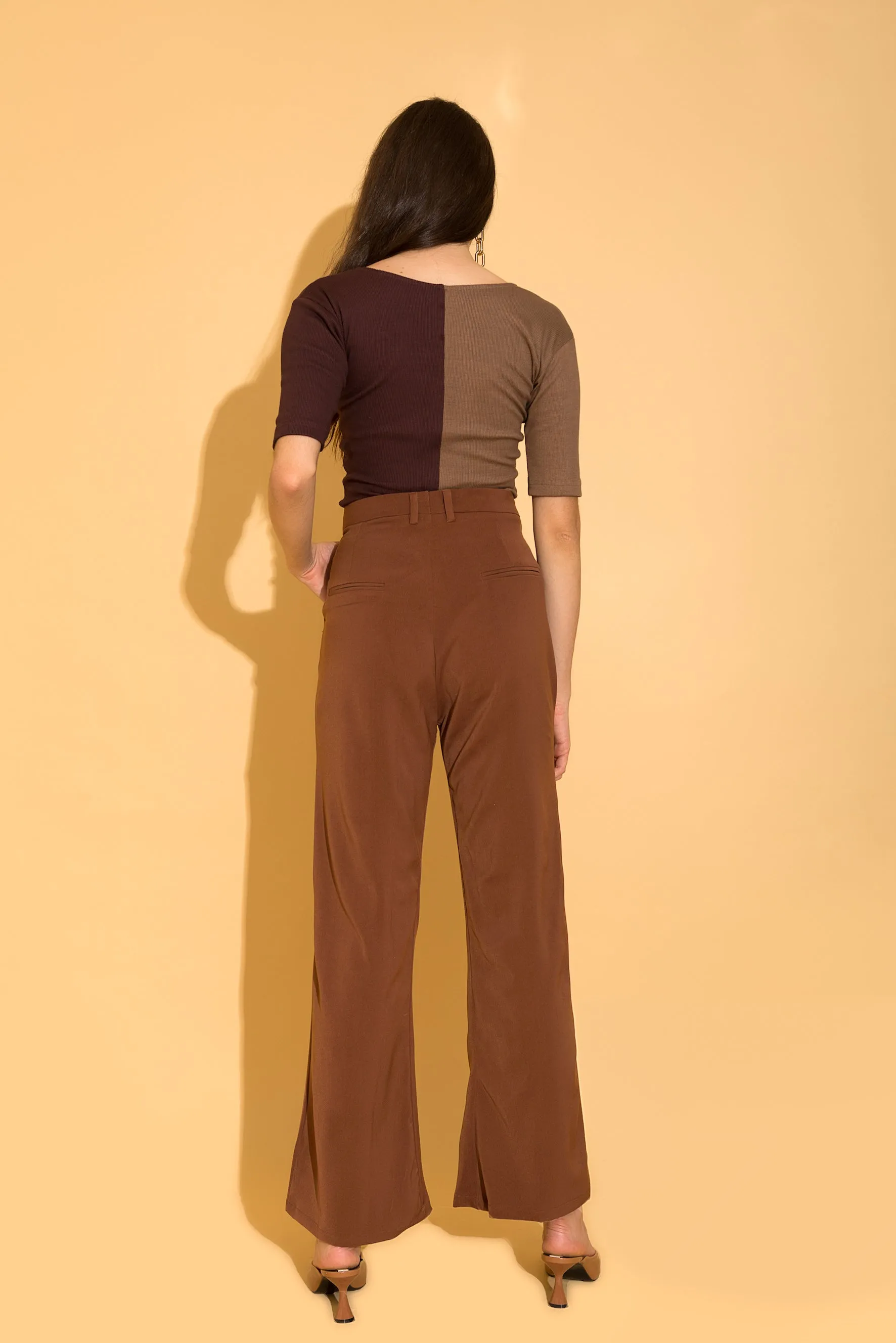 Brown Colour Block Rib Top