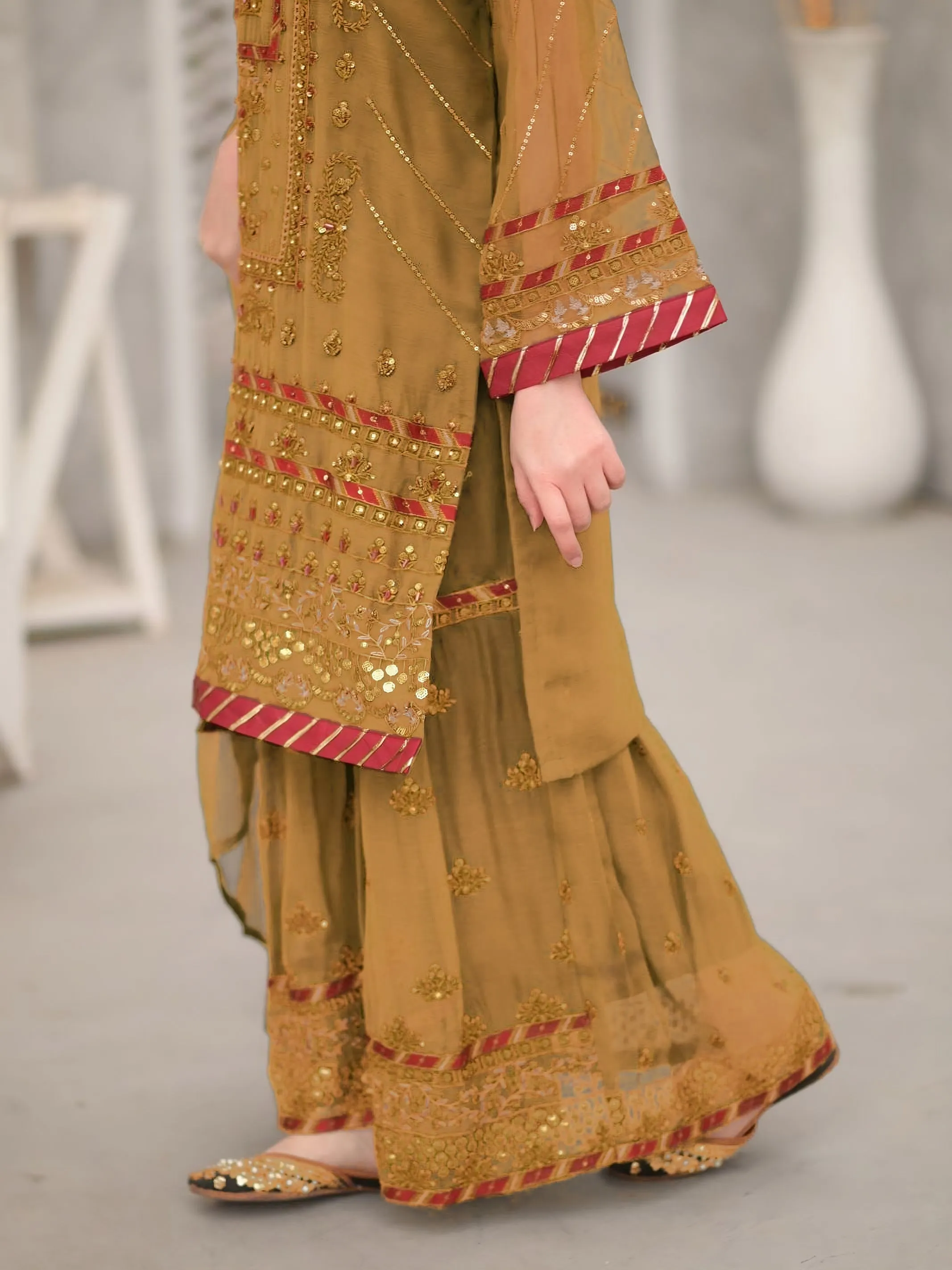 Brown Embroidered Chiffon Suit with Gharara