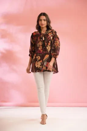 Brown Floral Printed Spanish Silk Top