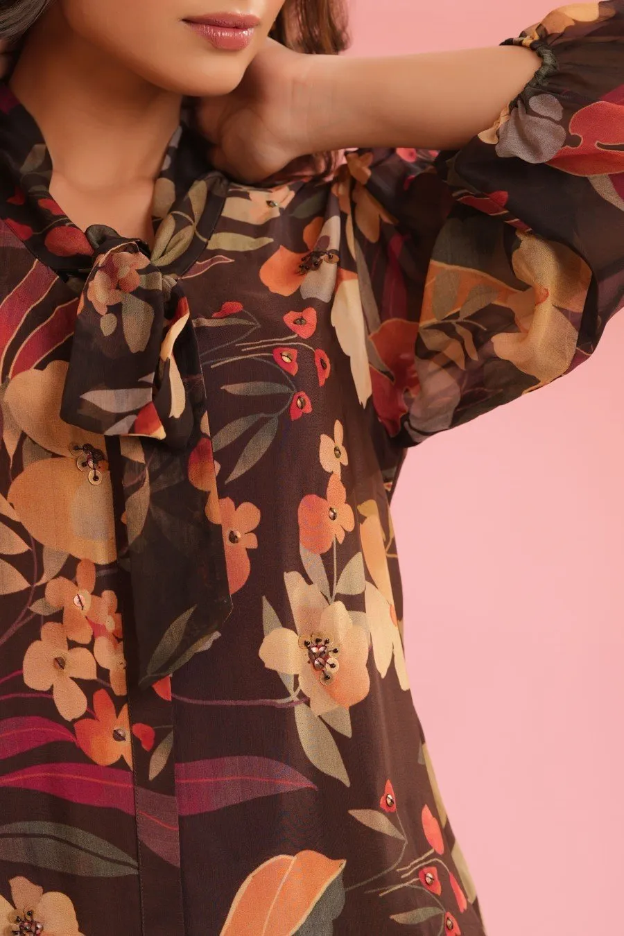 Brown Floral Printed Spanish Silk Top