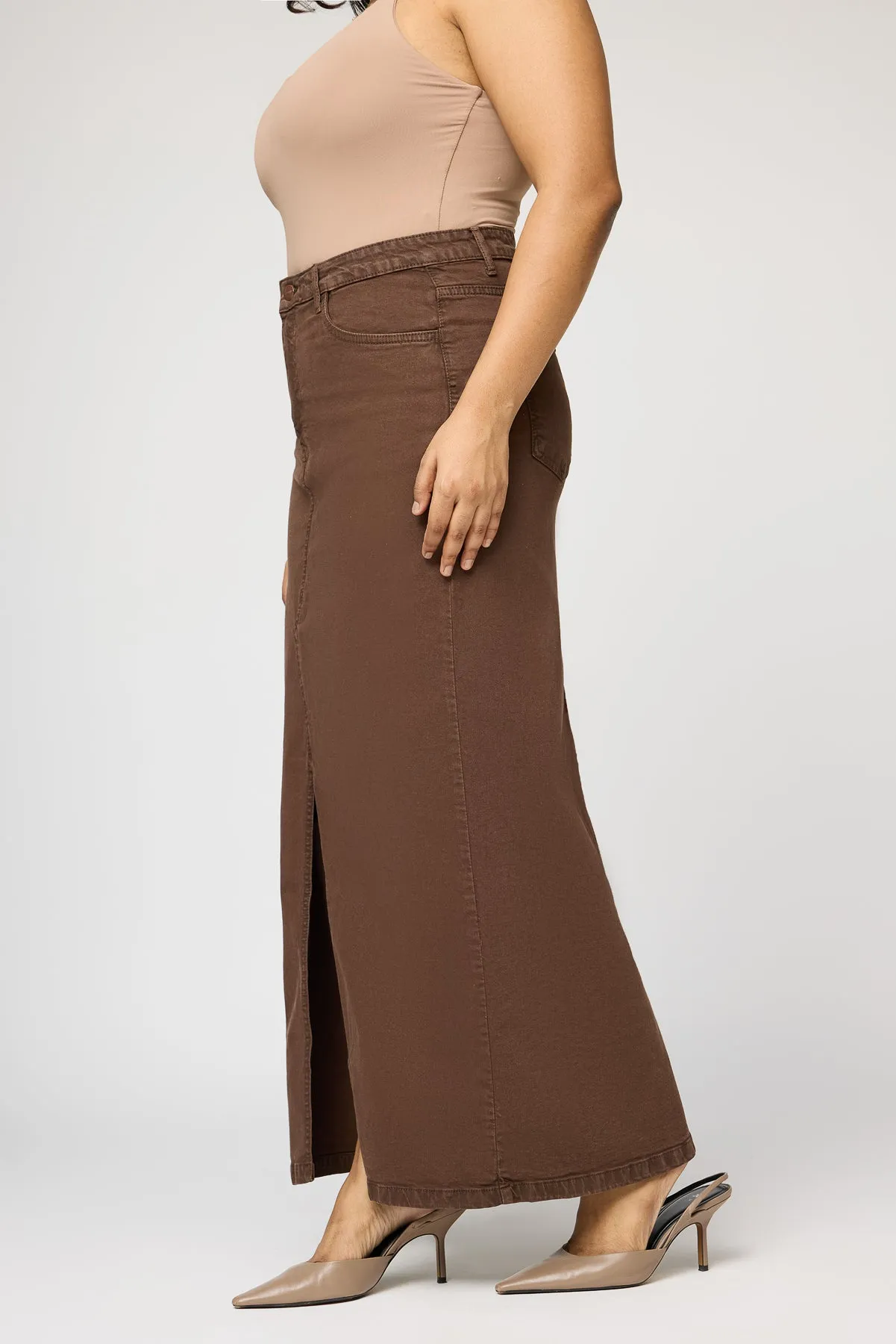 Brown Glam Front Slit Curve Midi Skirt