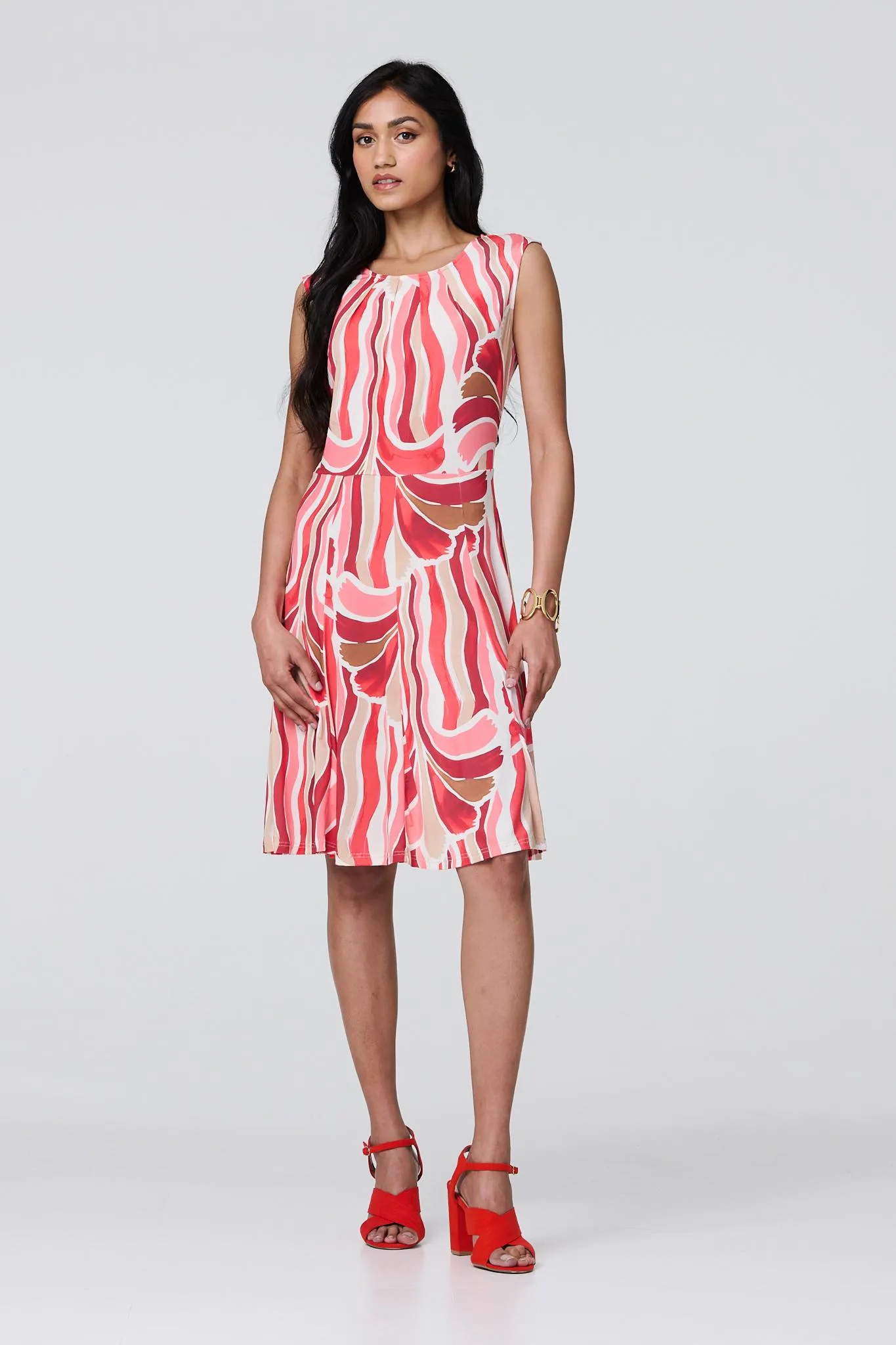 Brushstroke Print Sleeveless Knee Length Dress