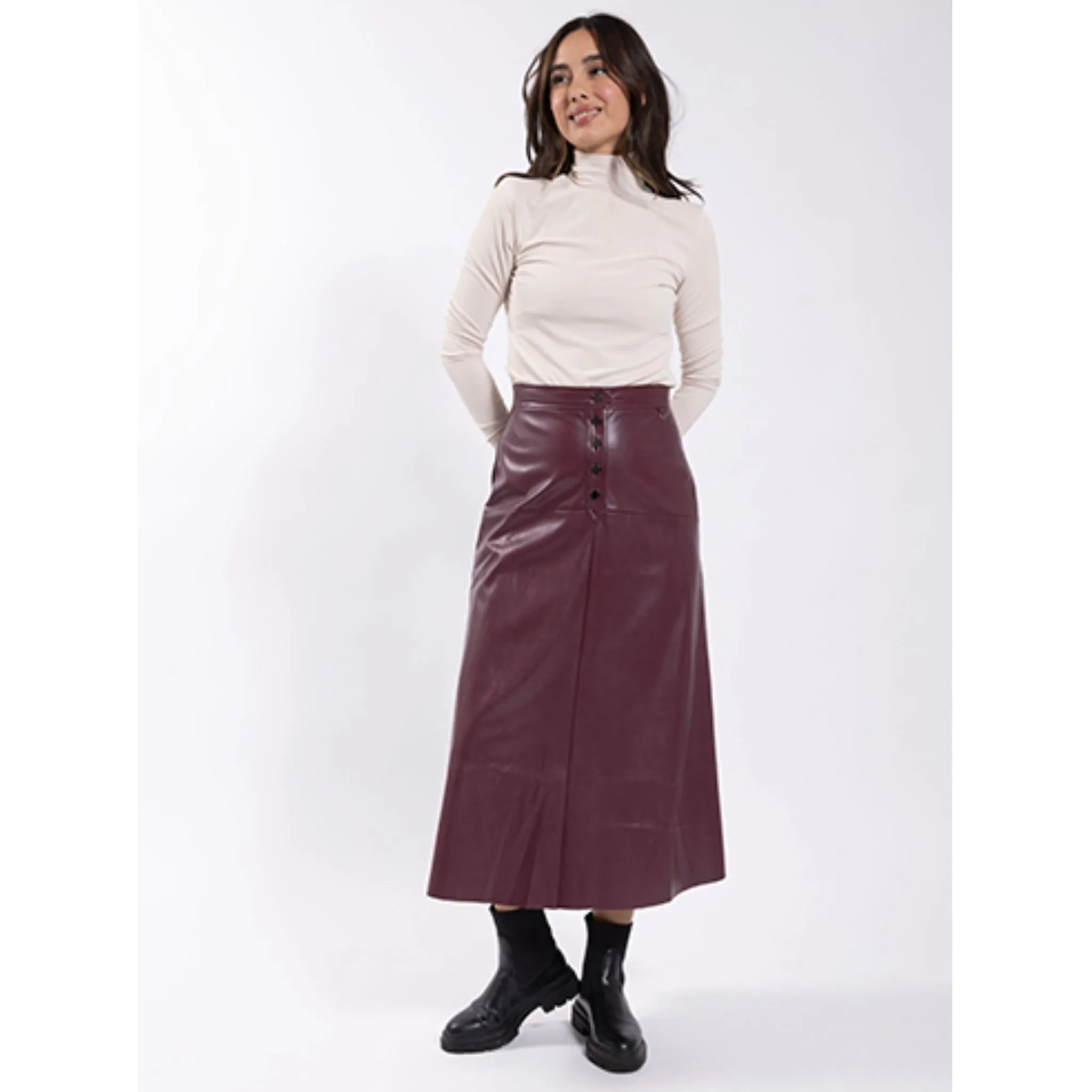 Button Front Leather Skirt Burgundy