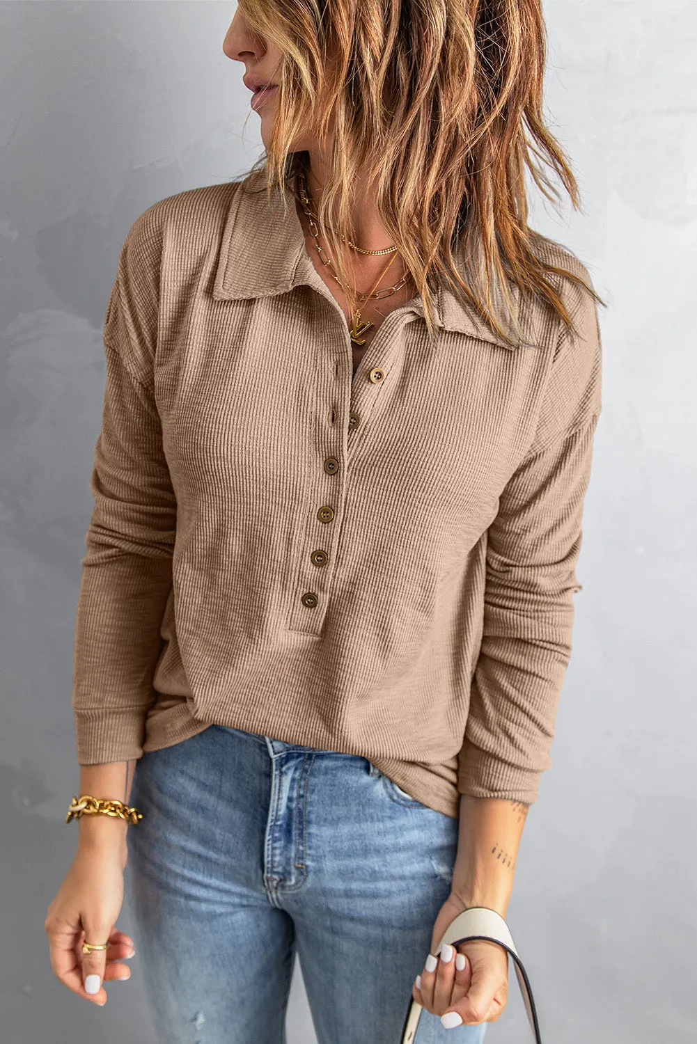 Button Turn-down Neck Knit Top