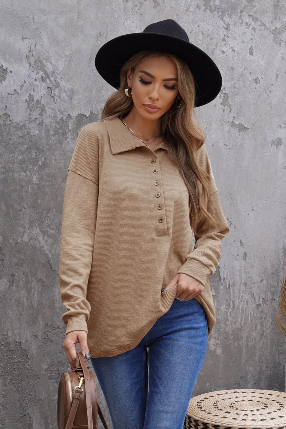 Button Turn-down Neck Knit Top