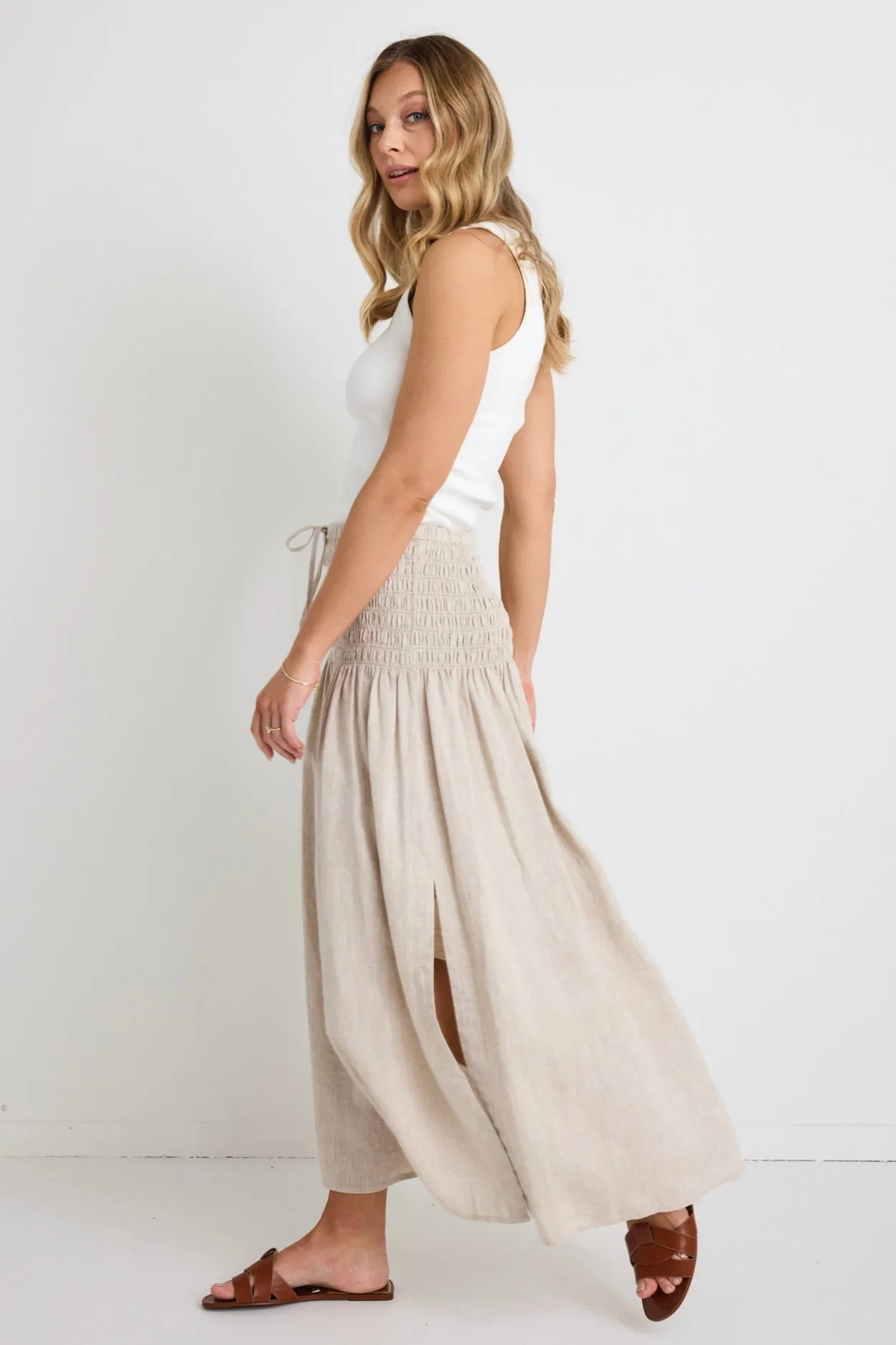 Byron Natural Linen Shirred Waist Maxi Skirt