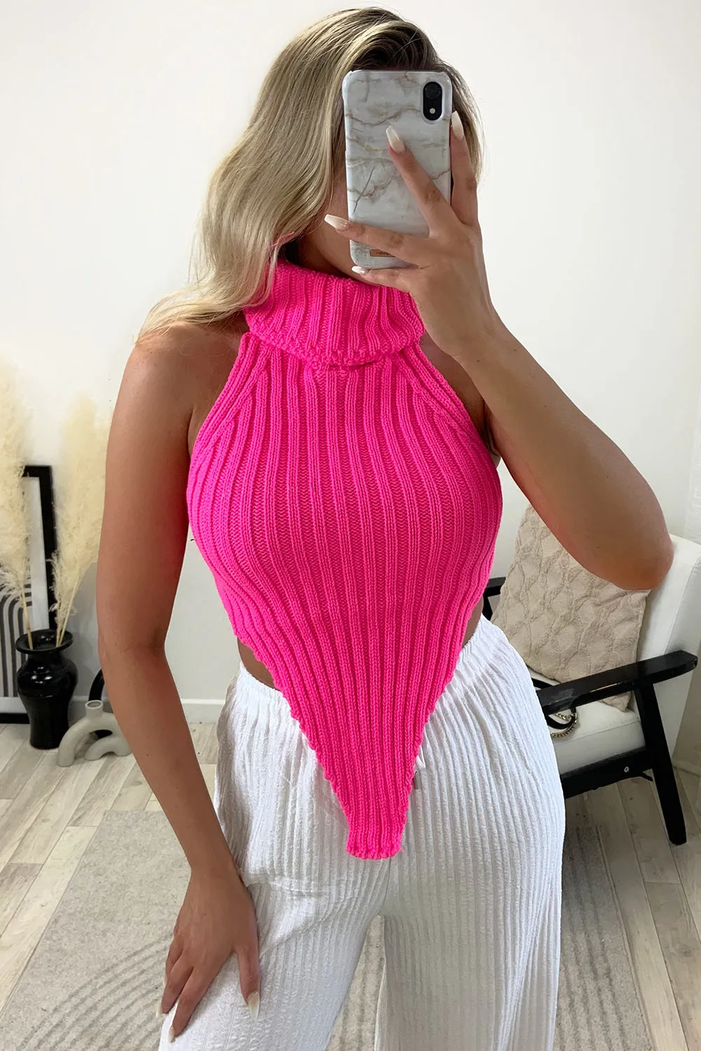 Caitlin Neon Pink Roll Neck Distressed Hem Knit Crop Top