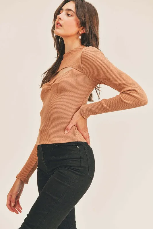 Camel Cut Out Ribbed Blouse