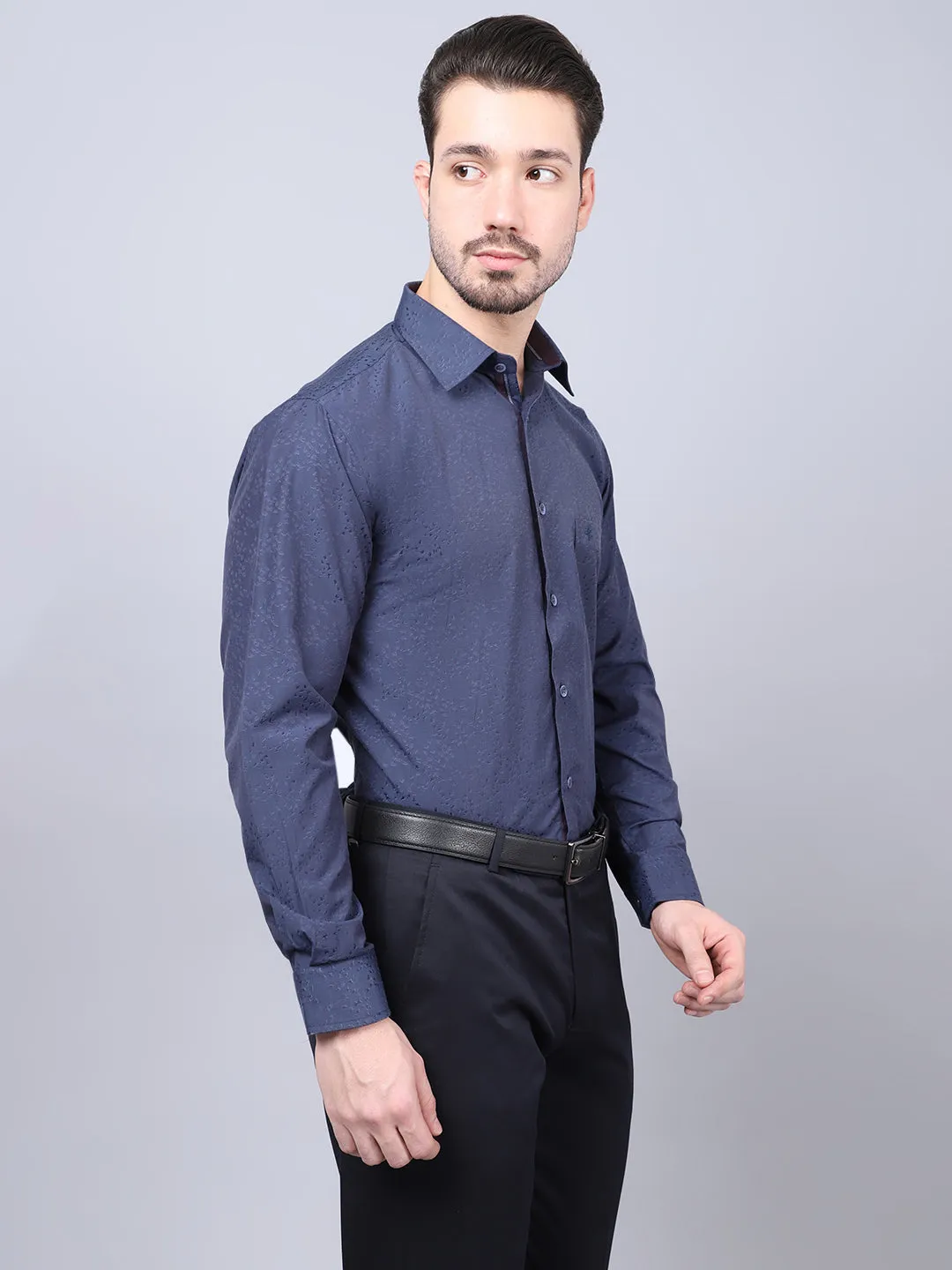 Cantabil Cotton Blend Self Design Navy Blue Full Sleeve Regular Fit Formal Shirt for Men with Pocket