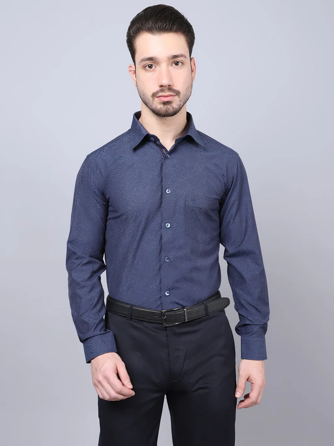 Cantabil Cotton Blend Self Design Navy Blue Full Sleeve Regular Fit Formal Shirt for Men with Pocket