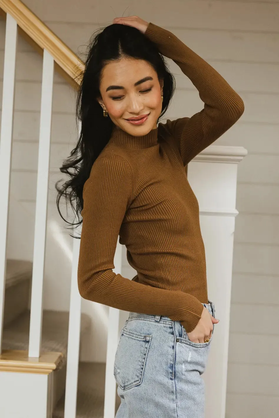 Caroline Mock Neck Sweater in Brown