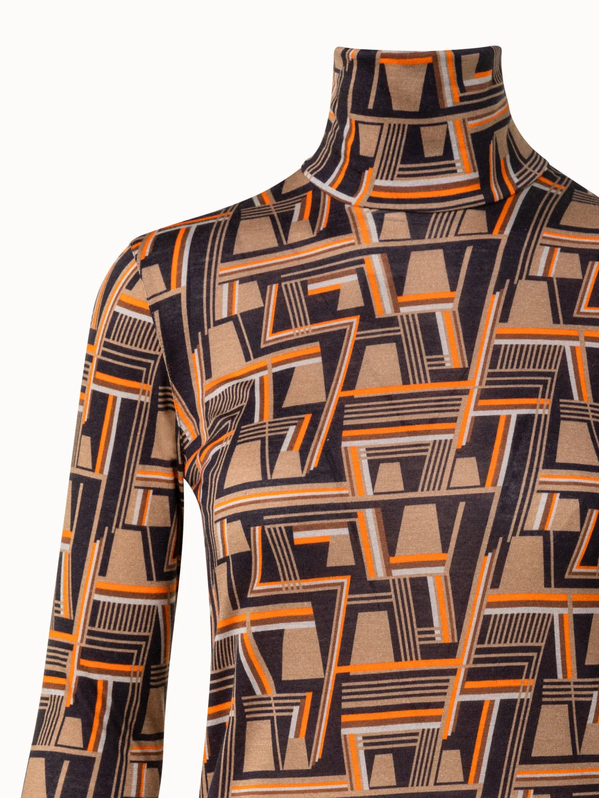 Cashmere Silk Jersey Mock Neck Top with Zig Zag Trapezoid Print