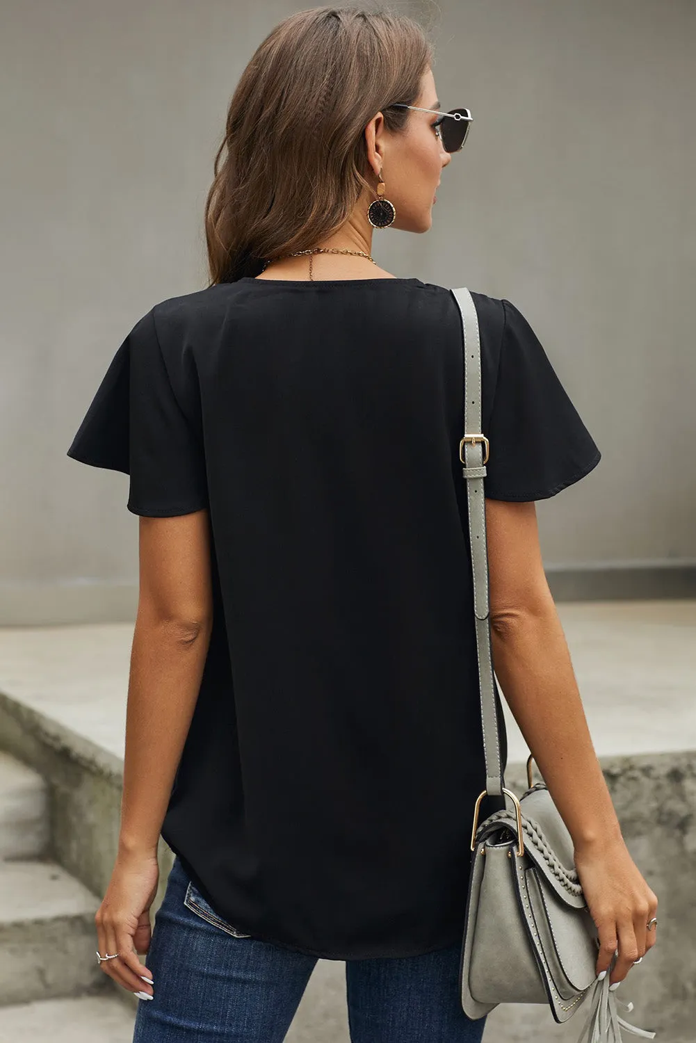 Casual Black V Neck Short Sleeve Tee