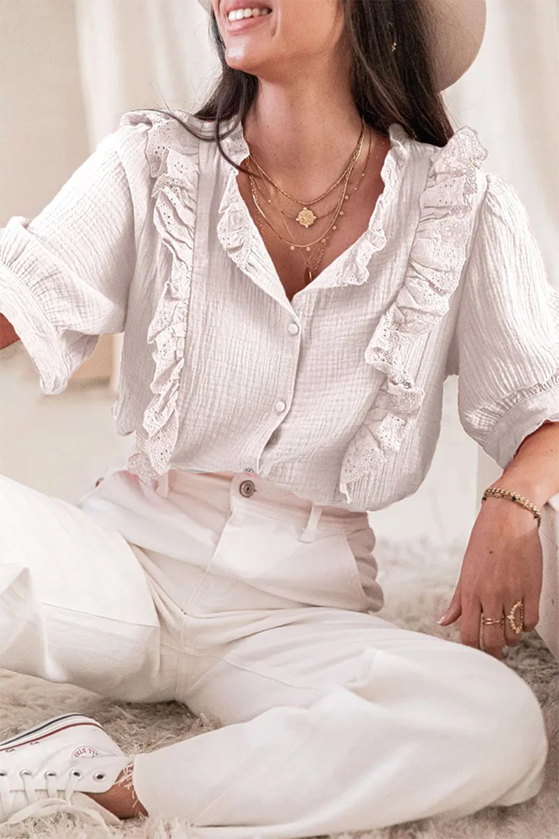 Casual Solid Lace Turndown Collar Tops