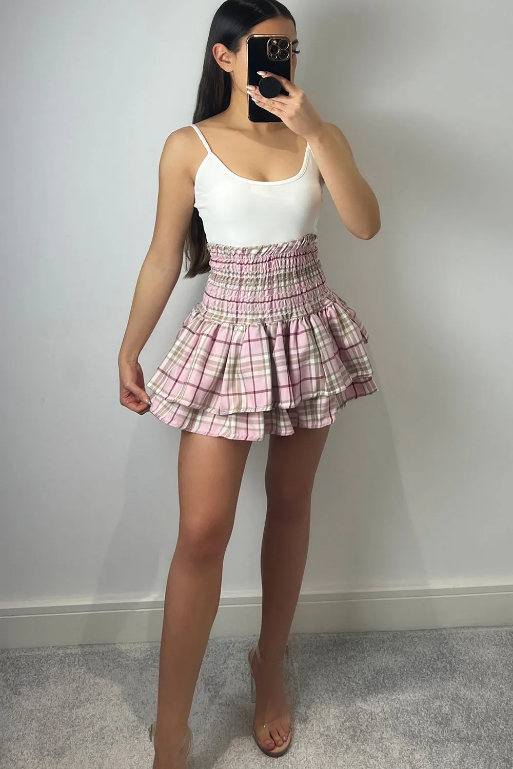 Cece Pink and Beige Check Shirred Waist Ruffle Hem Mini Skirt