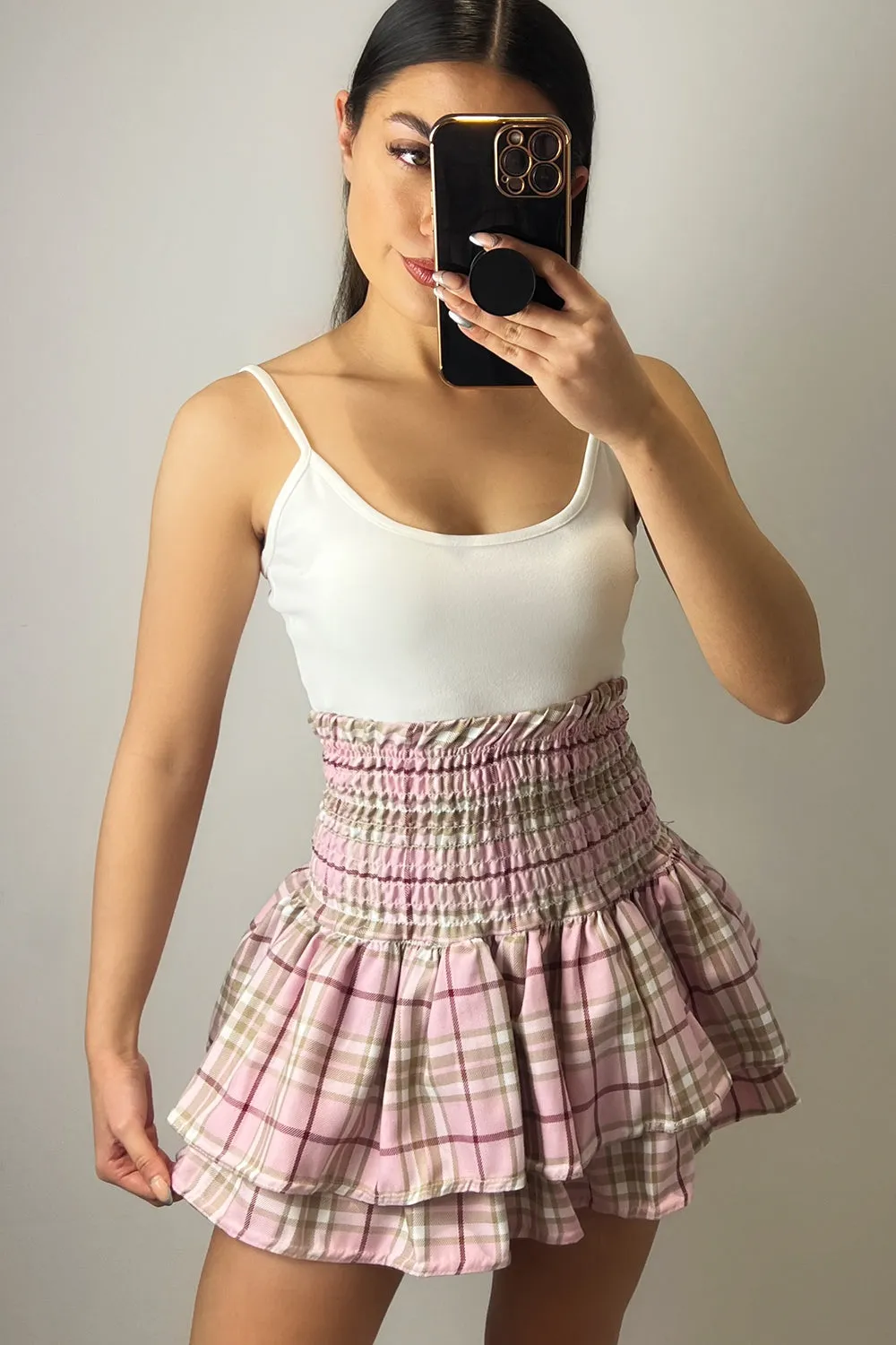 Cece Pink and Beige Check Shirred Waist Ruffle Hem Mini Skirt