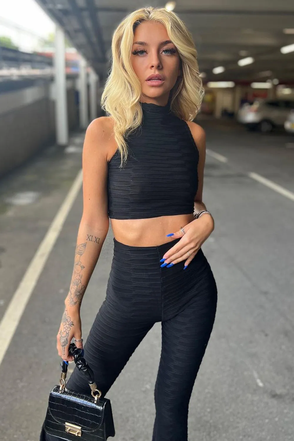 Charlotta Black Textured High Neck Crop Top and Flared Trouser Co-Ord Set