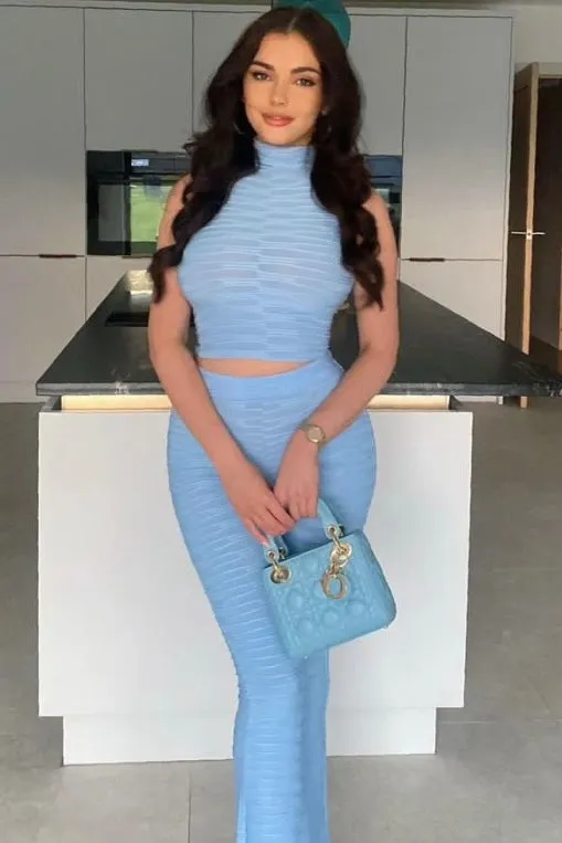 Charlotta Blue Textured High Neck Crop Top and Flared Trouser Co-Ord Set