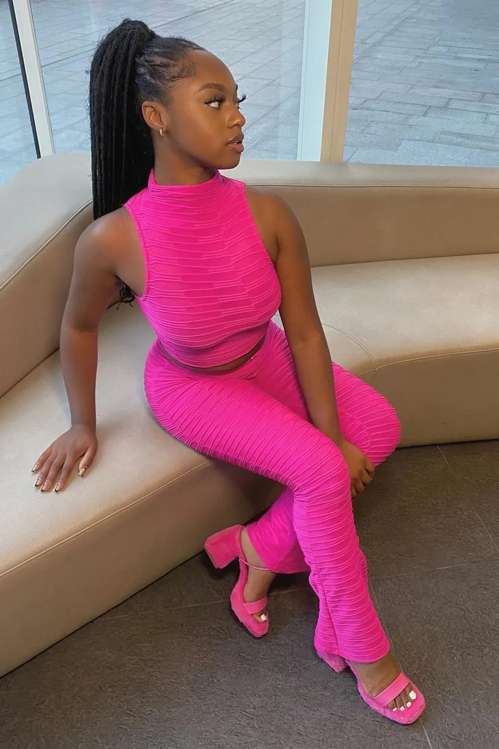 Charlotta Neon Pink Textured High Neck Crop Top and Flared Trouser Co-Ord Set