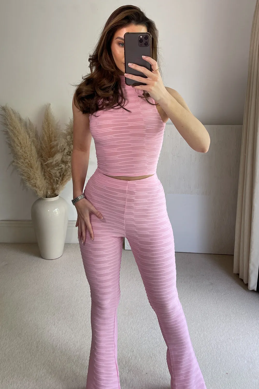 Charlotta Pink Textured High Neck Crop Top and Flared Trouser Co-Ord Set