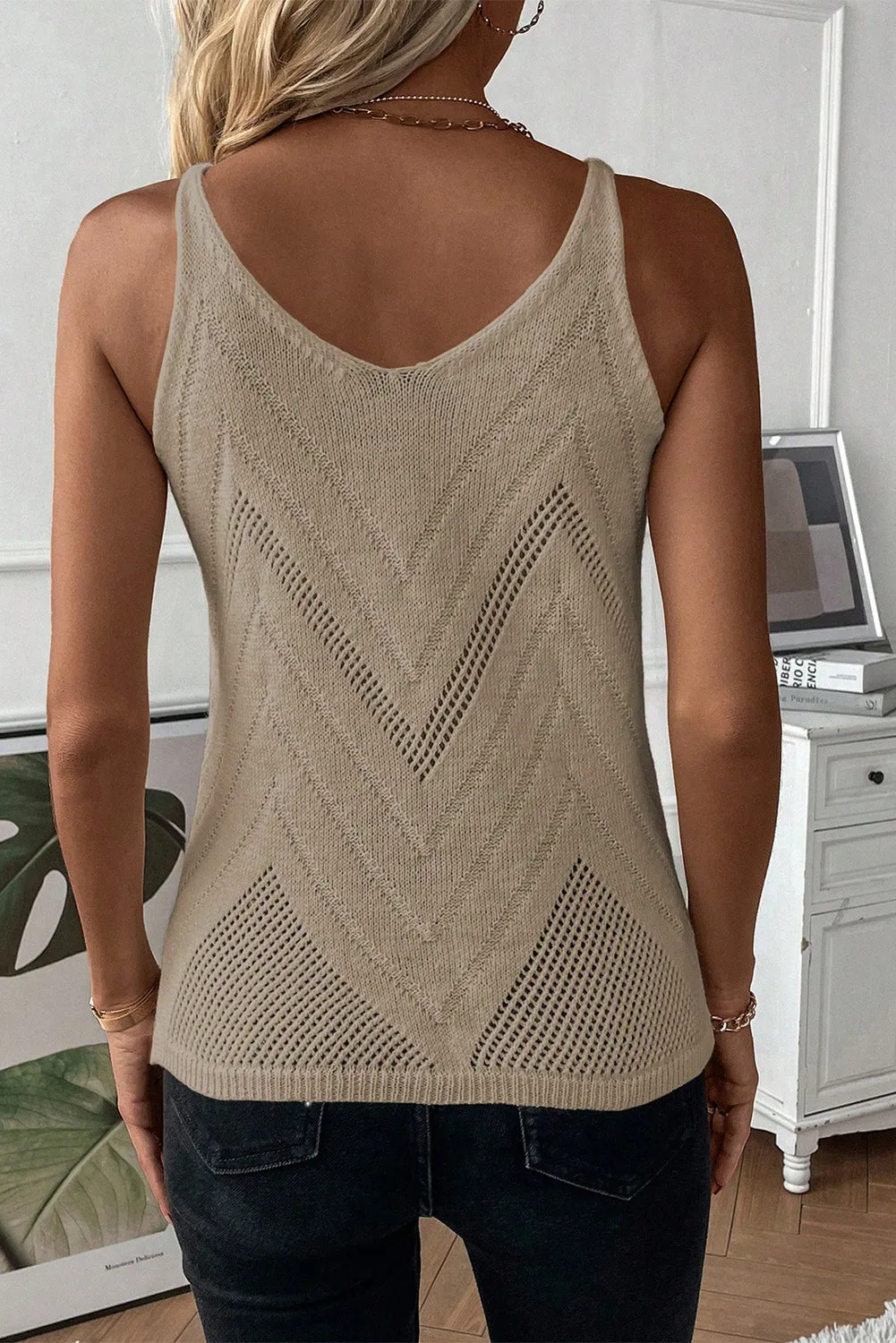 Chevron Pointelle Knit Spaghetti Straps Tank