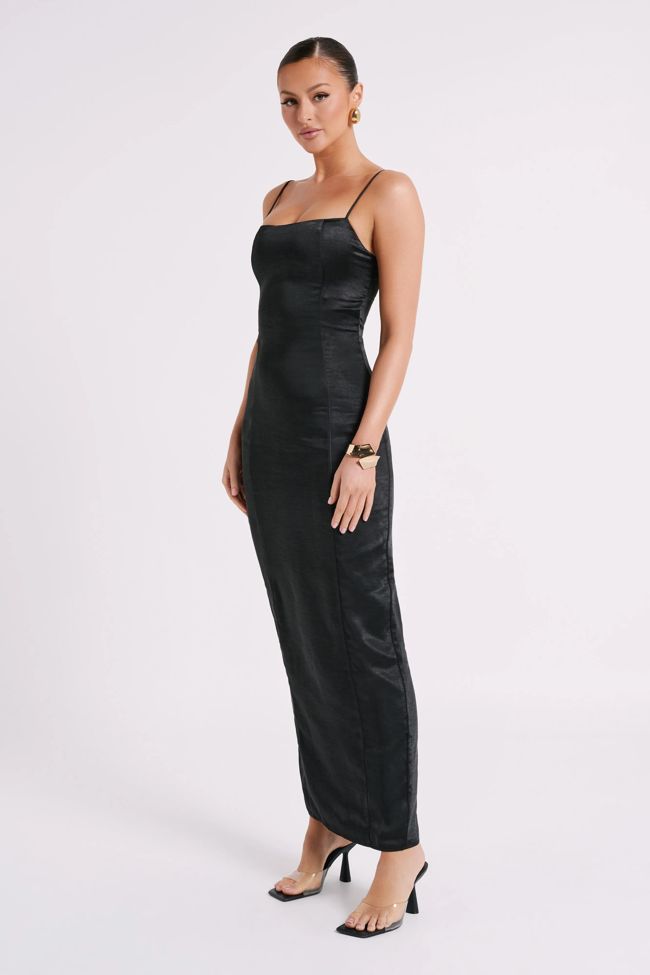 Chrisley Satin Maxi Dress With Split - Black