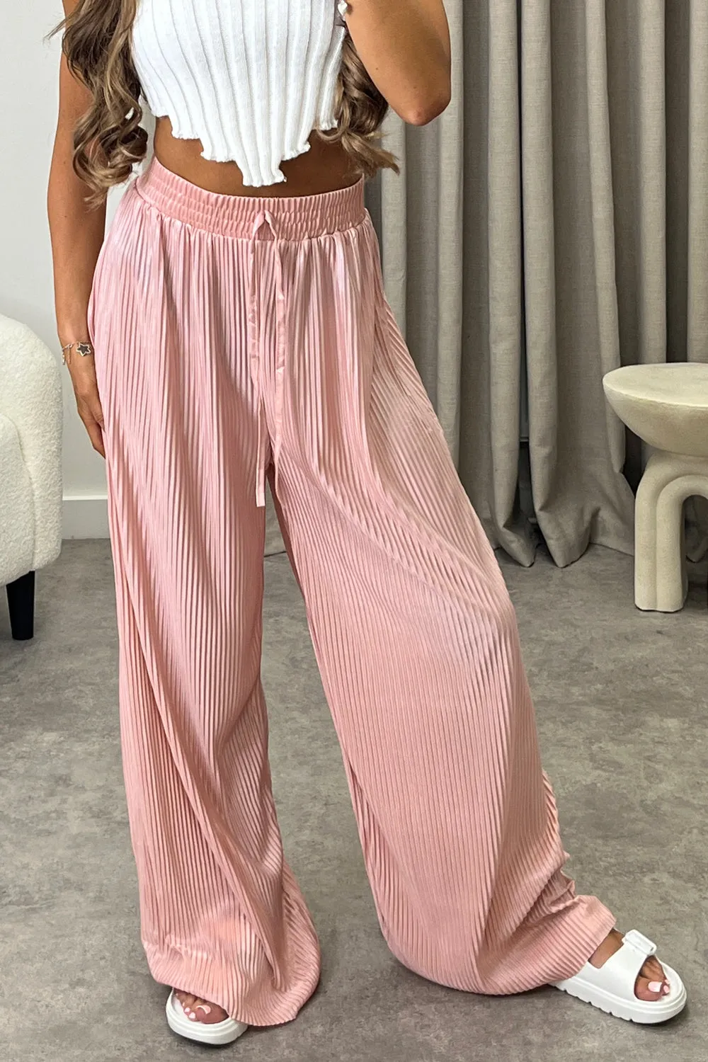 Chrissy Pink Plisse High Waisted Wide Leg Satin Trousers