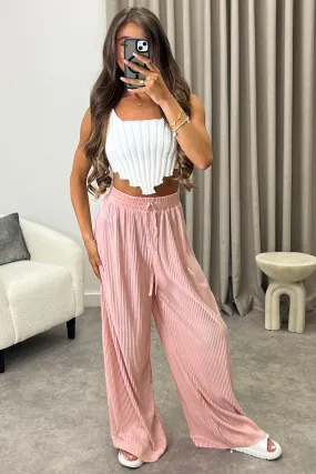 Chrissy Pink Plisse High Waisted Wide Leg Satin Trousers