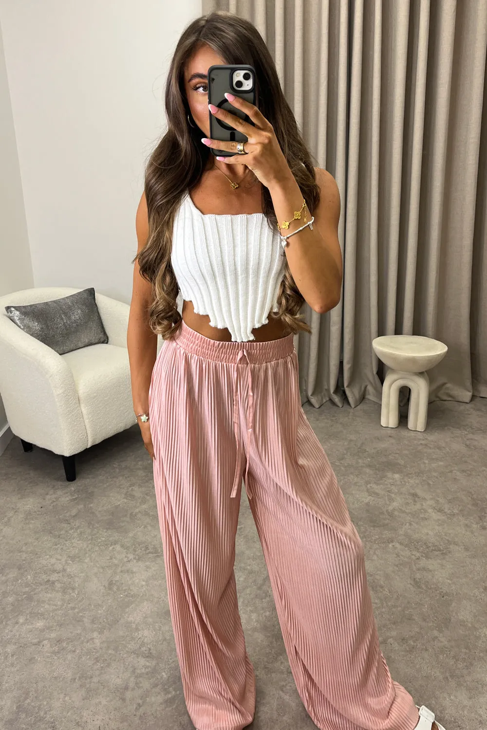 Chrissy Pink Plisse High Waisted Wide Leg Satin Trousers