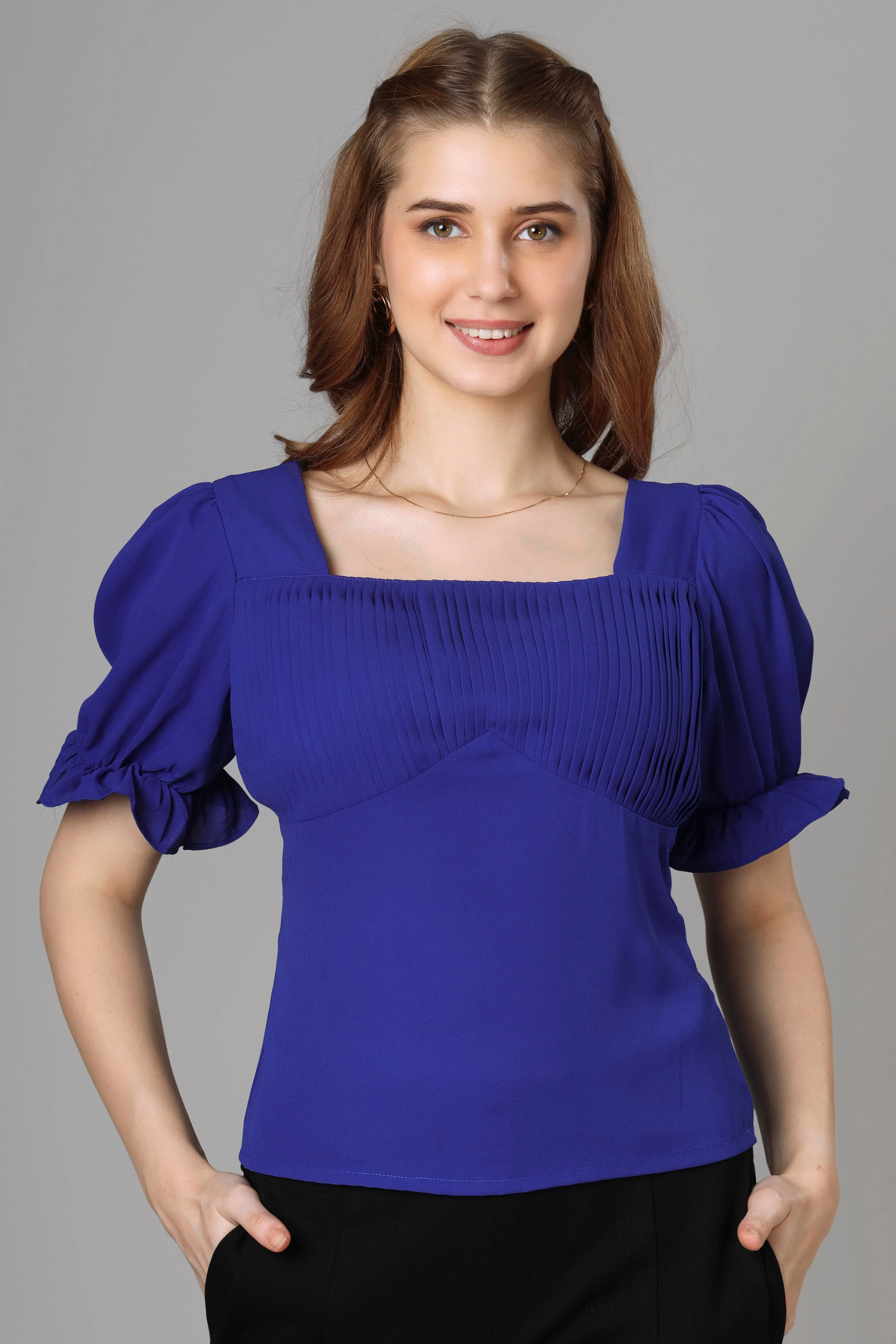 Classic Blue Half Pleated Top For Women