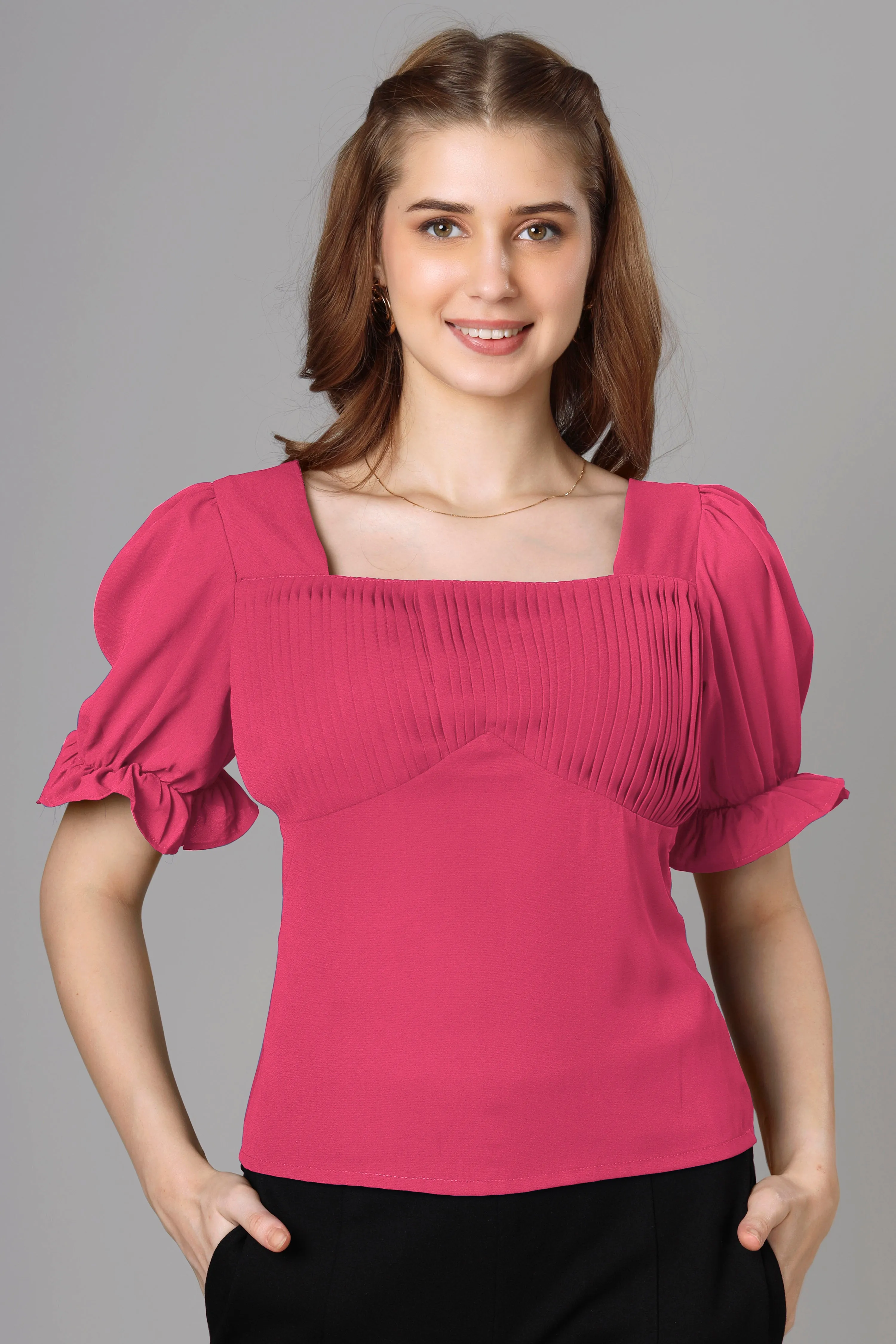 Classic Hot Pink Half Pleated Top For Women