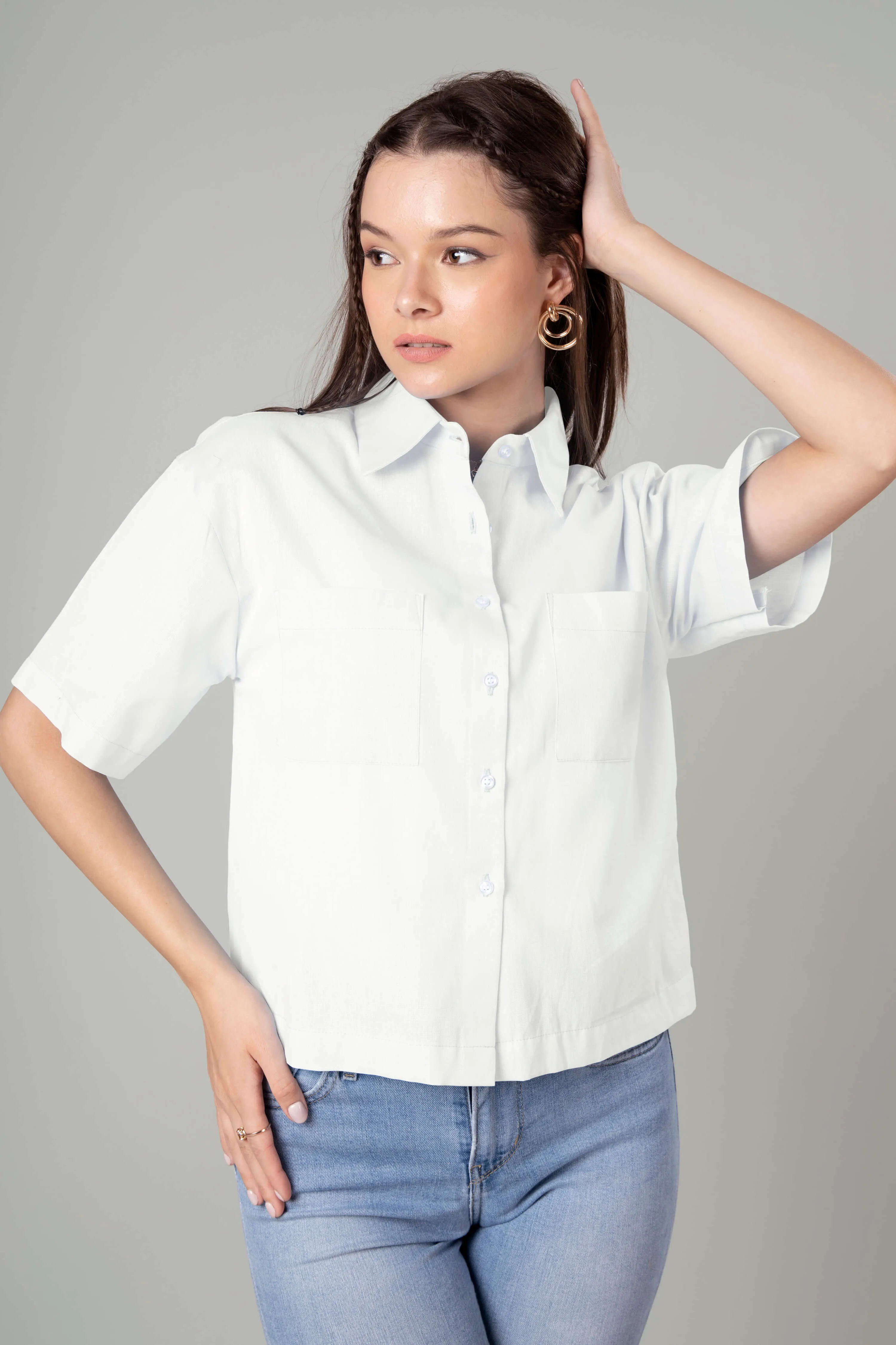 Classic Plain Short Cotton Shirt For Women