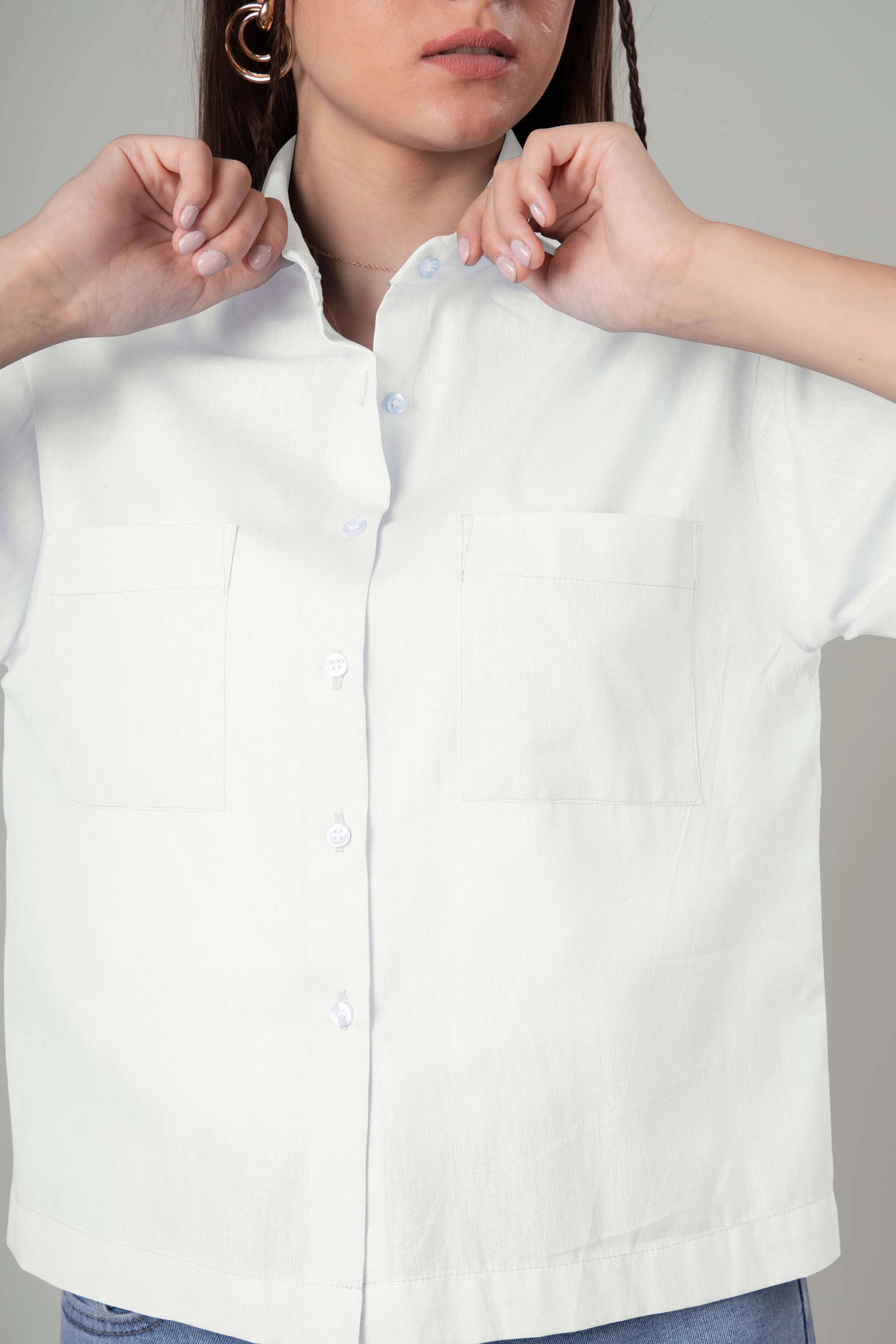 Classic Plain Short Cotton Shirt For Women