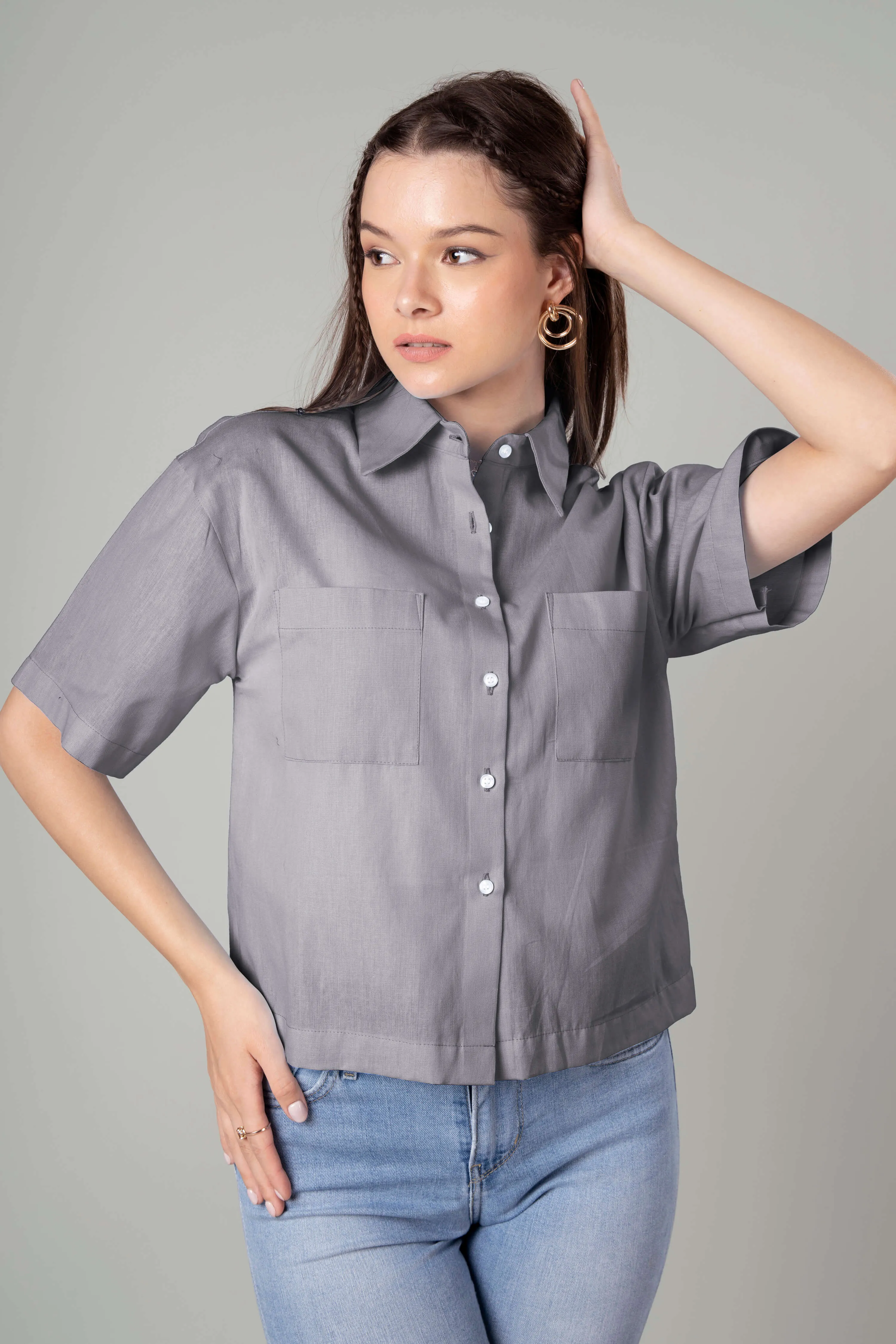 Classic Plain Short Cotton Shirt For Women