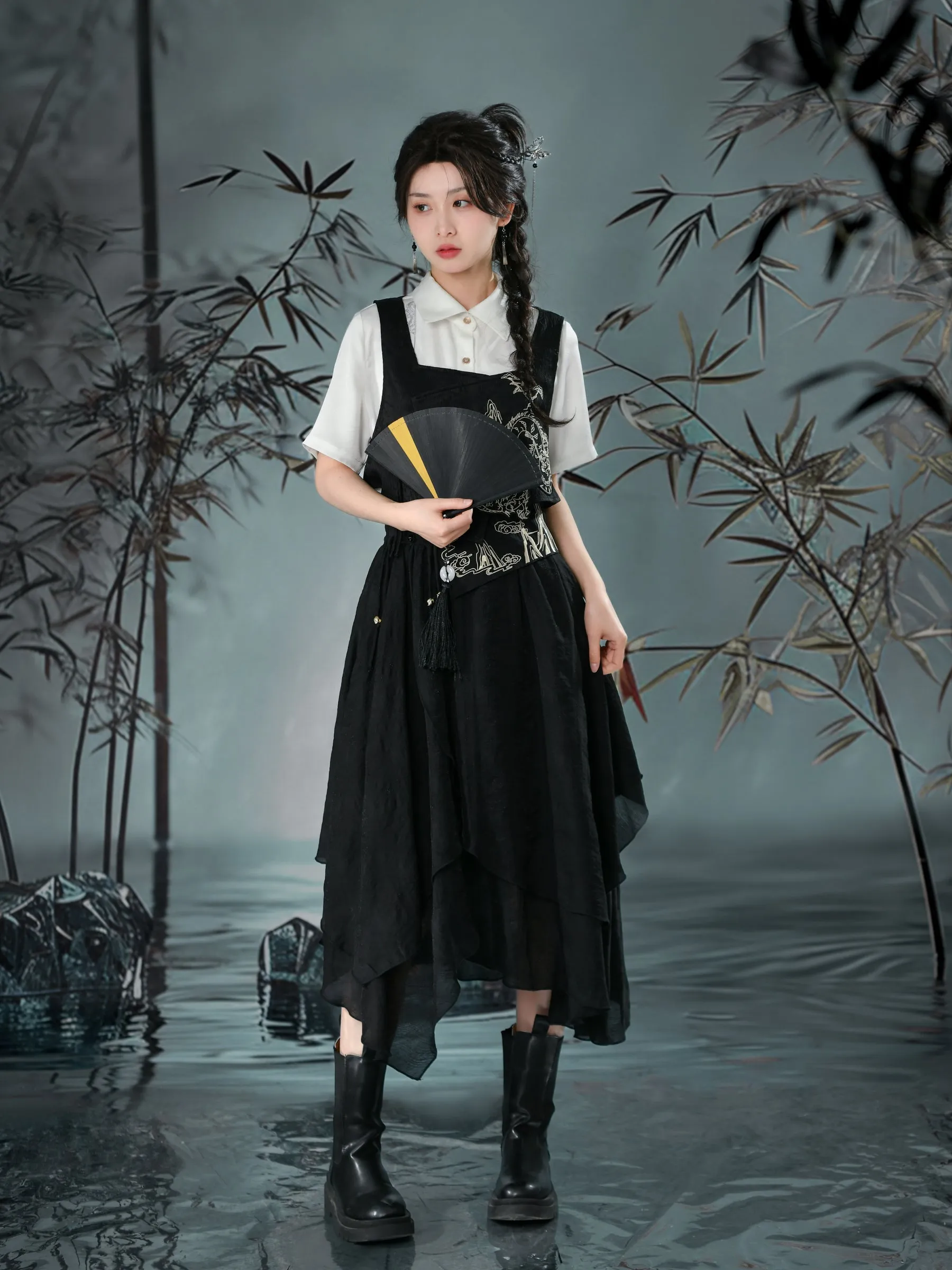 Cloud Dragon Chinese Style Layered Midi Skirt