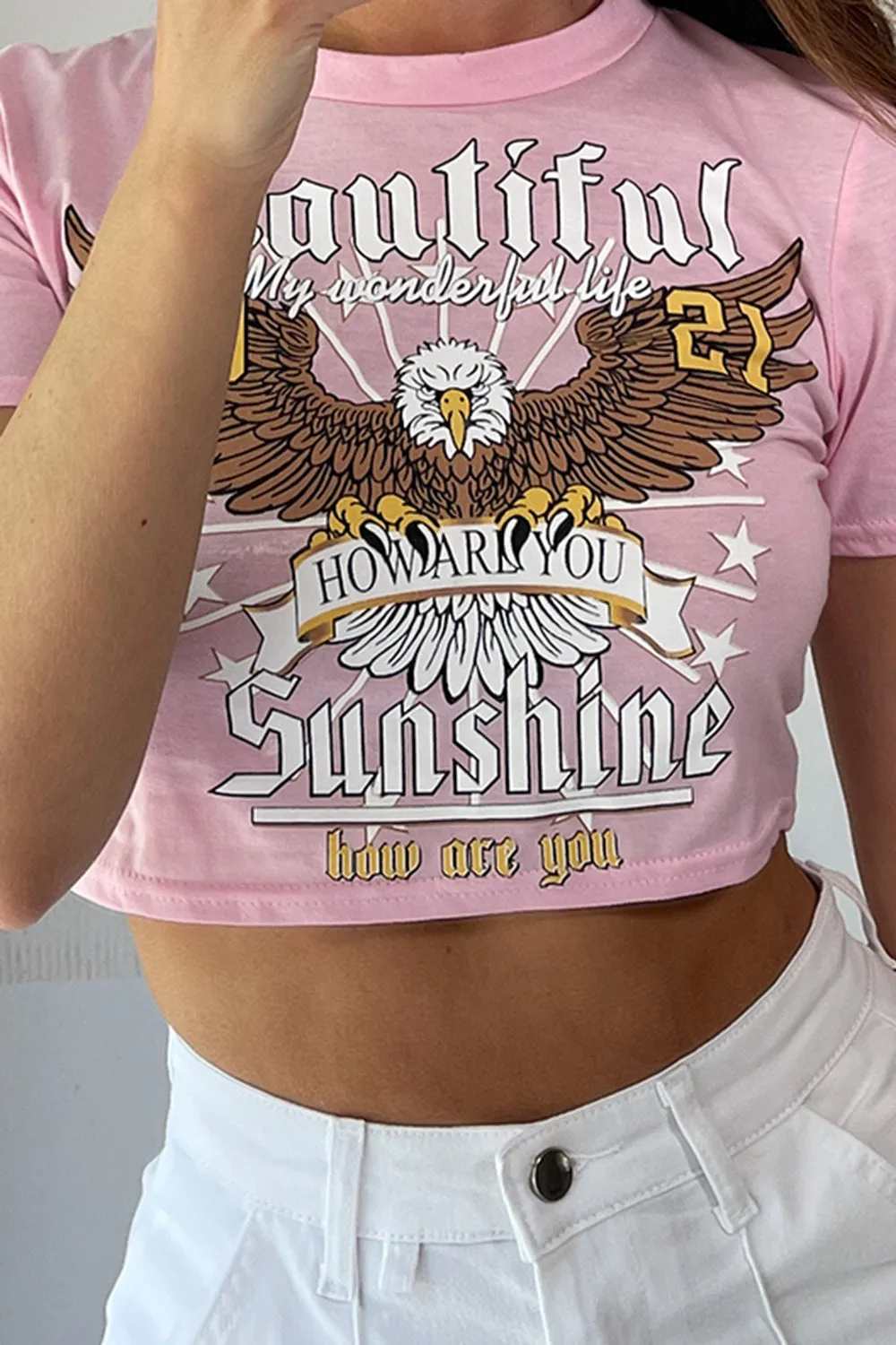 Codey Pink Eagle Print Slogan Crop Top