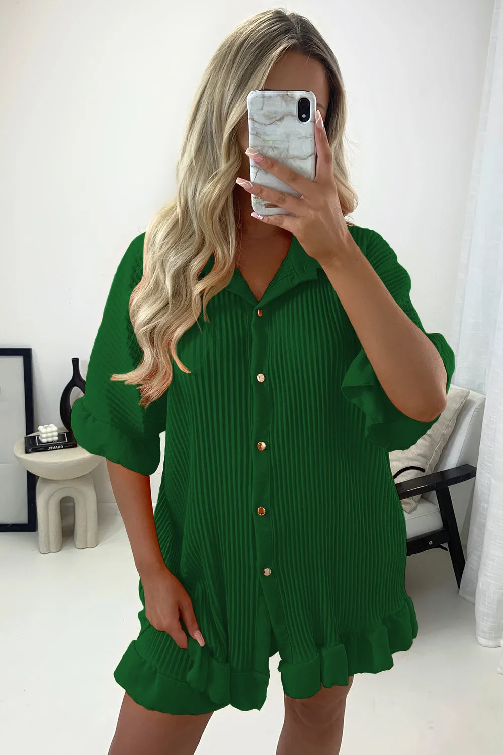 Colette Green Plisse Pleated Frill Hem Shirt and Shorts Co-Ord Set