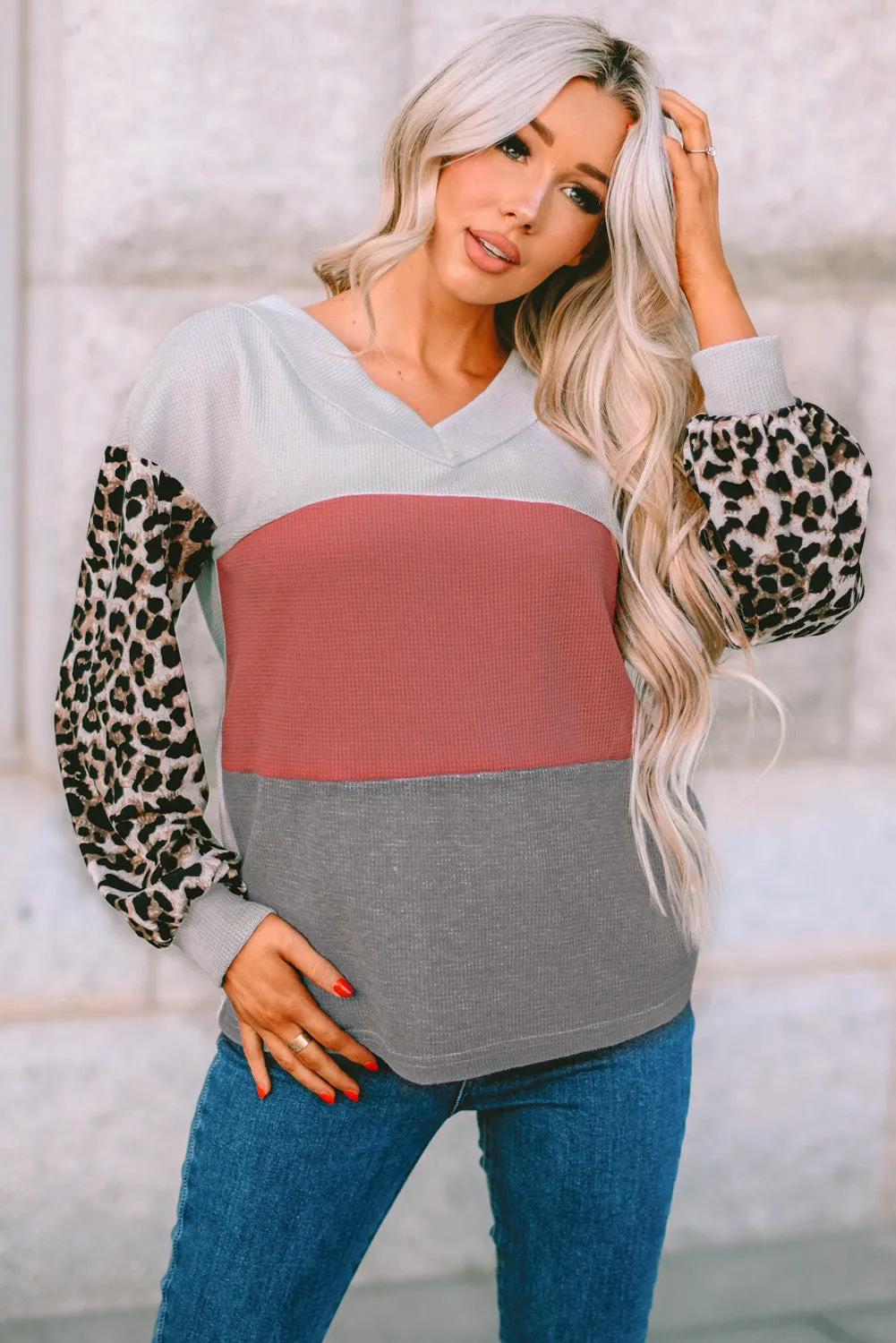 Contrast Sleeve Waffle Knit Top