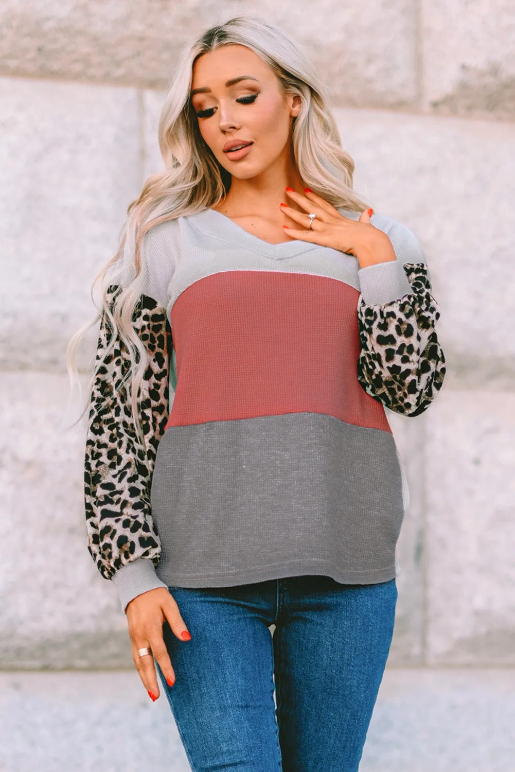 Contrast Sleeve Waffle Knit Top